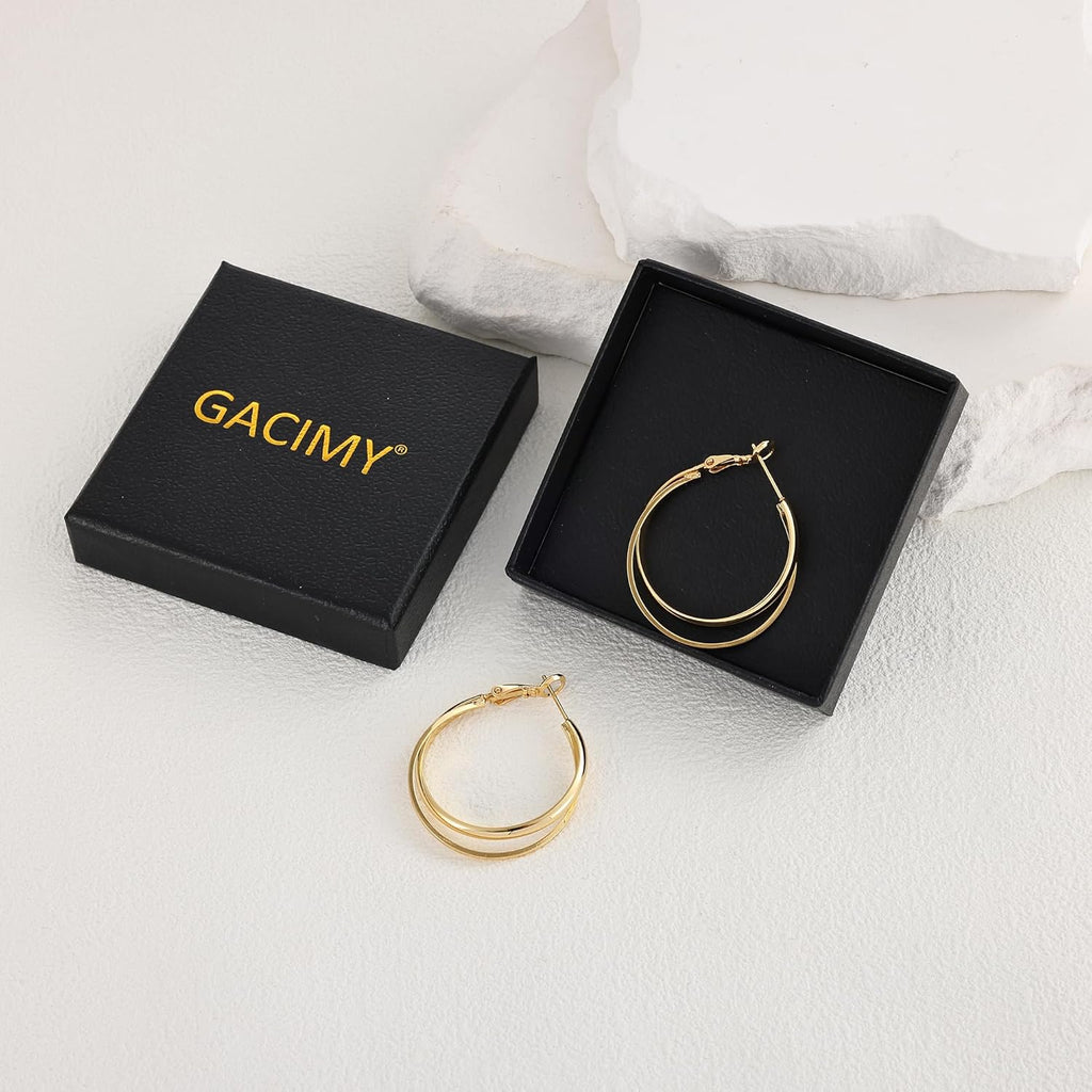 Gacimy 14K Gold Plated Criss Cross Hoop Earrings for Women, 3mm Wide Double Layer Flat Crossover Hoops, Lightweight X-Shape Statement Earrings