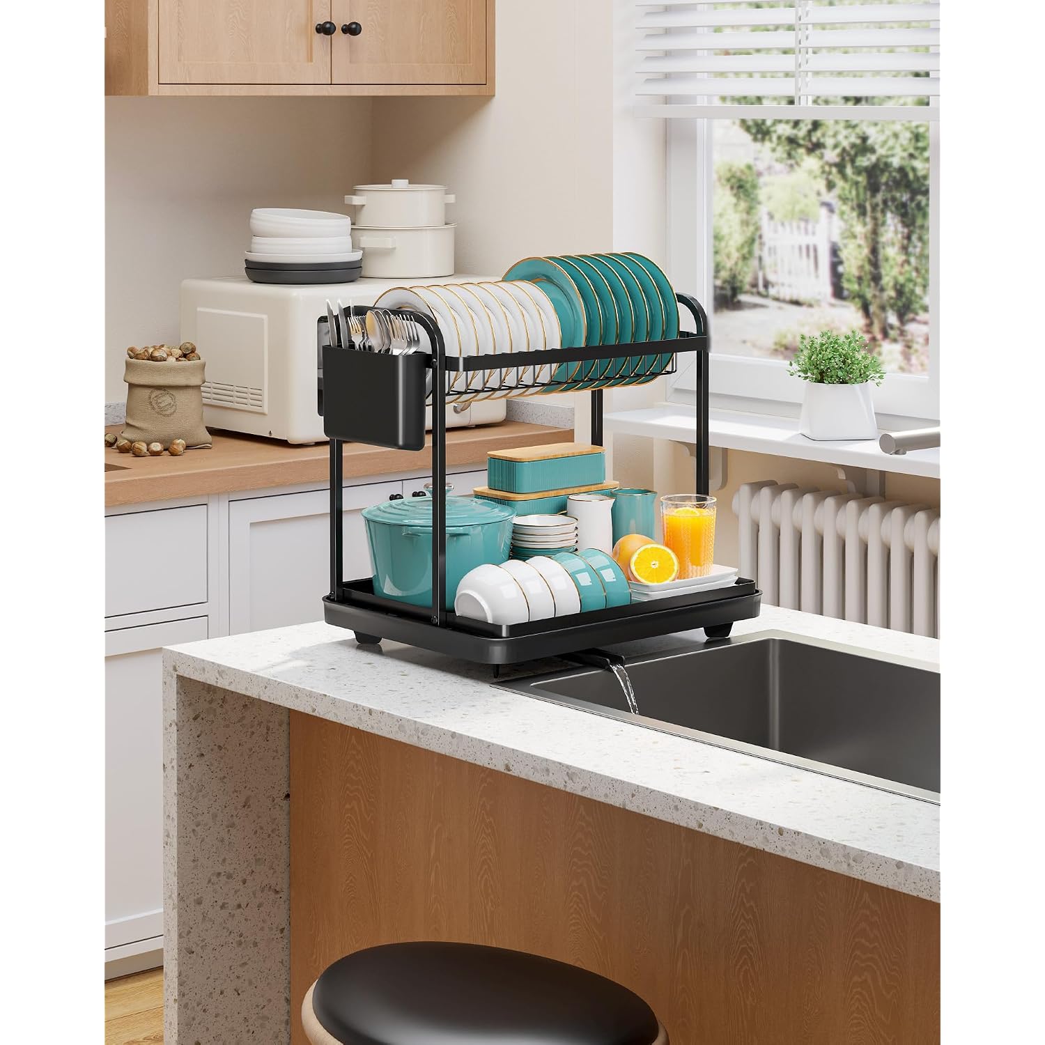 2-Tier Dish Drying Rack - Stainless Steel Dish Rack With Cutlery & Utensil Holders For Kitchen Counter, Sink Organization And Storage For Small Family, 15" W X 11.4" L X 15" H, Black