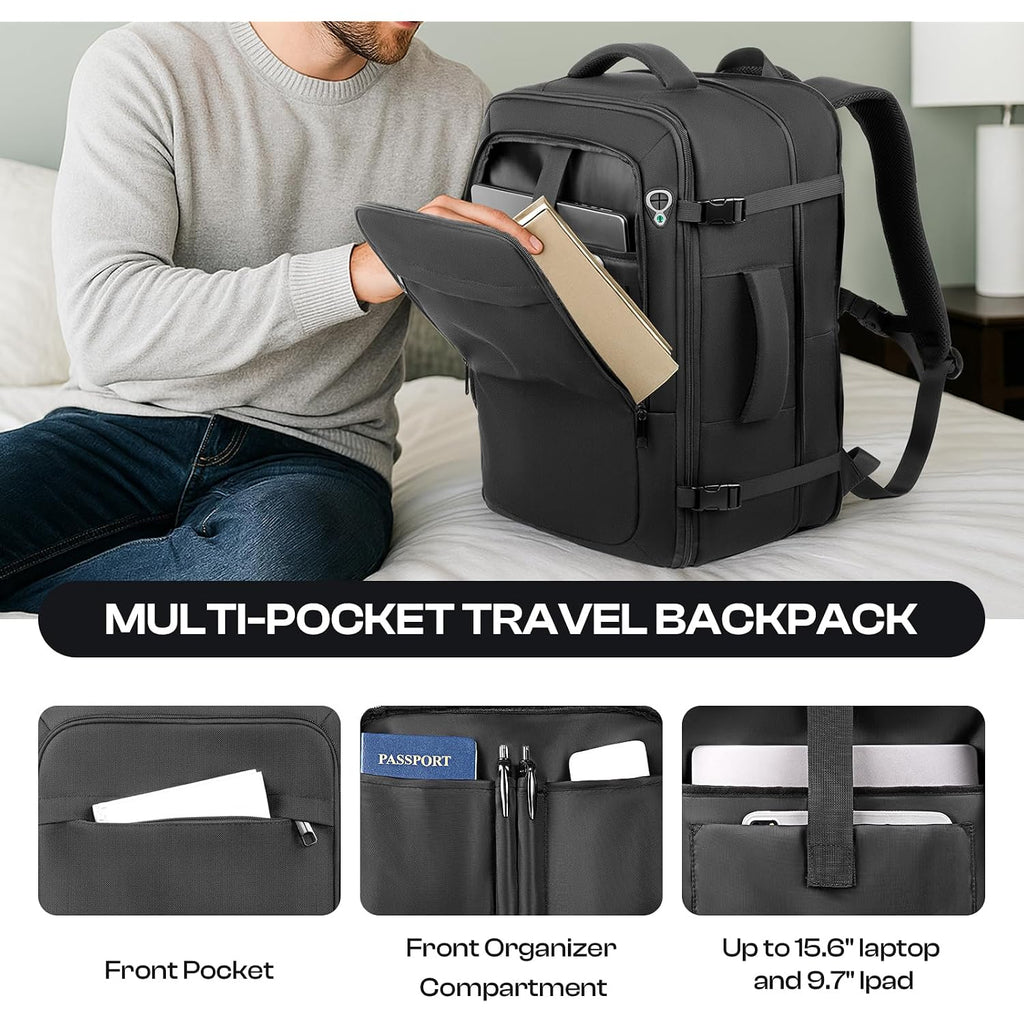 Carry On Backpack For 1-10 Days Trips, Extra Large 40L-50L Travel Backpack Tsa Approved, Expandable Laptop Bagpack, Water Resistant Bag Compatible With 17.3 Inch Laptops, Black