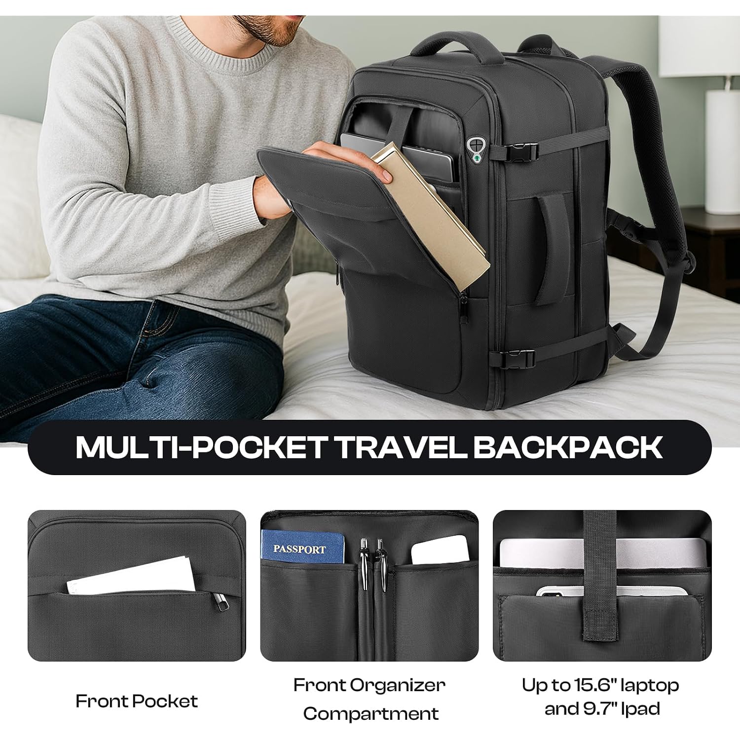 Carry On Backpack For 1-10 Days Trips, Extra Large 40L-50L Travel Backpack Tsa Approved, Expandable Laptop Bagpack, Water Resistant Bag Compatible With 17.3 Inch Laptops, Black