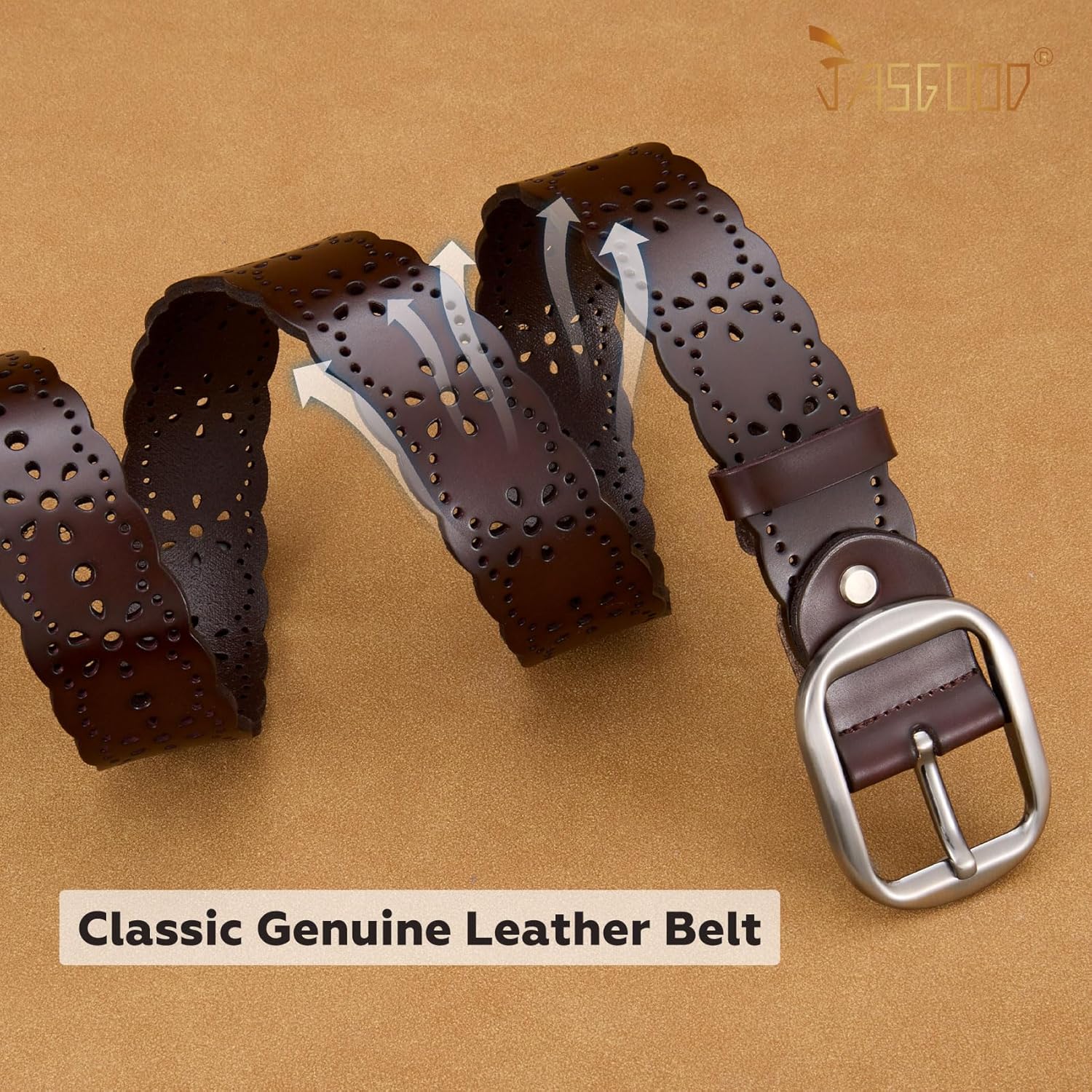 JASGOOD Women's Hollow Flower Genuine Leather Belt for Jeans Pants Wide Belt for Ladies