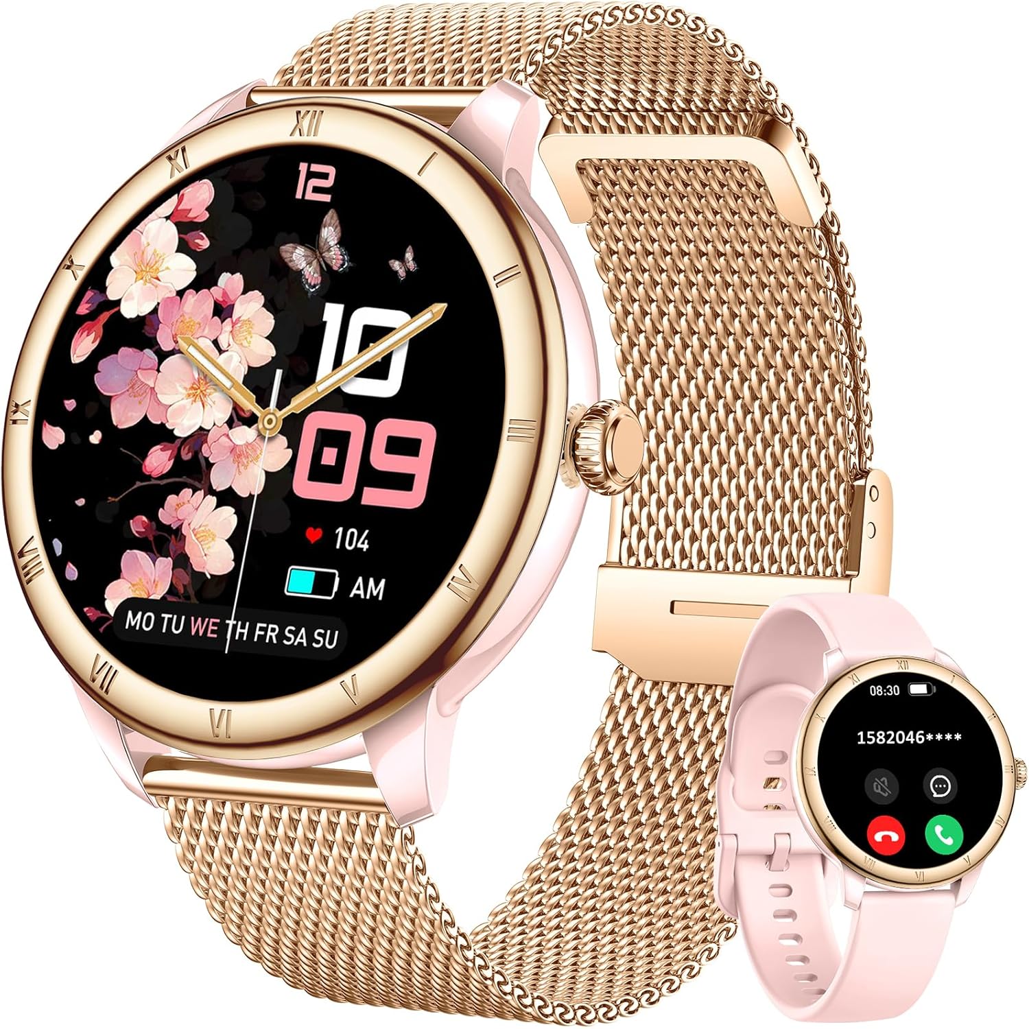 Smart Watches for Women, HD Screen Fitness Tracker 5ATM Waterproof with Bluetooth Make/Answer Calls, Activity Trackers with Heart Rate/Sleep/Female/SpO2 Monitor, Smartwatch for iPhone/Android(2 bands)