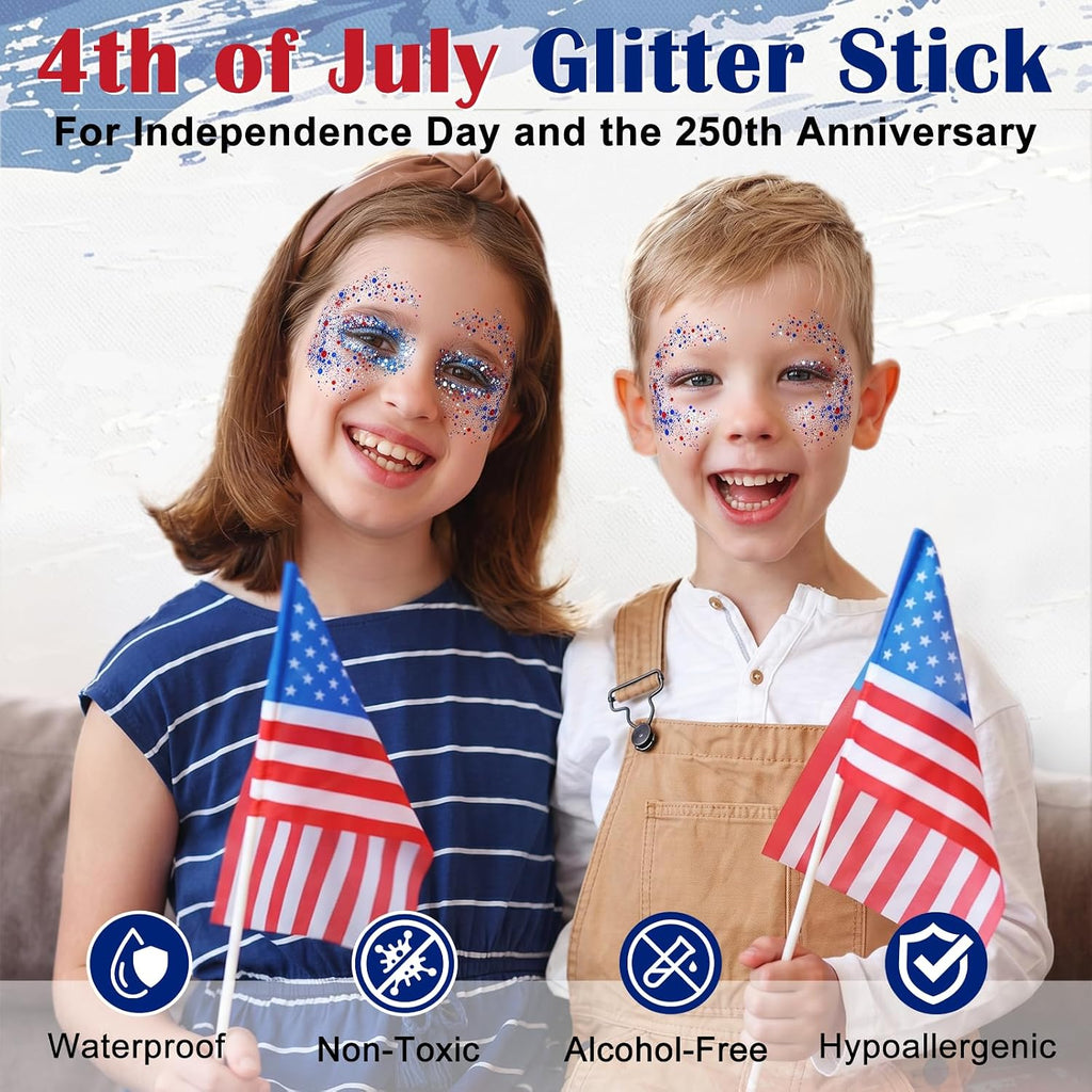 Red White Blue Glitter Stick - Hexagonal Patriotic Body Face Glitter Gel Makeup For Women Kids - Hypoallergenic Alcohol Free Hair Glitter For 4Th Of July, 250Th Independence Day Outfits, Soccer Game