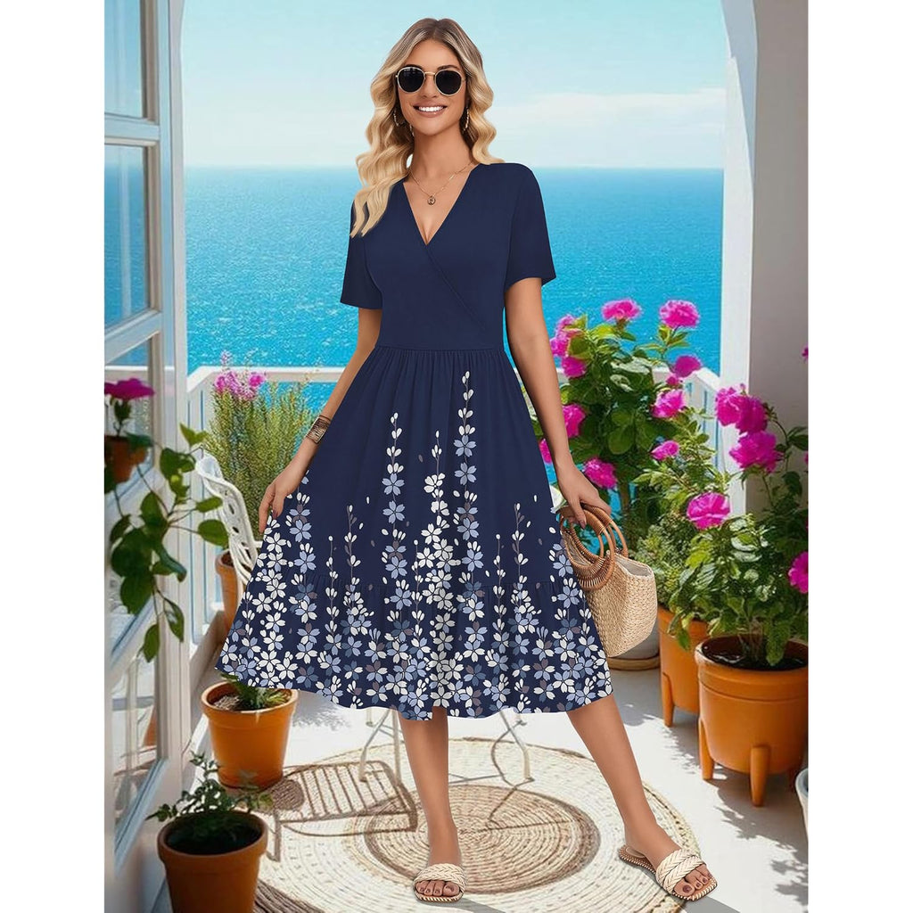 Womens Summer Casual Dresses Short Sleeve Midi Warp V-Neck Floral Dress with Pockets Tiered Flowy A Line Sundress