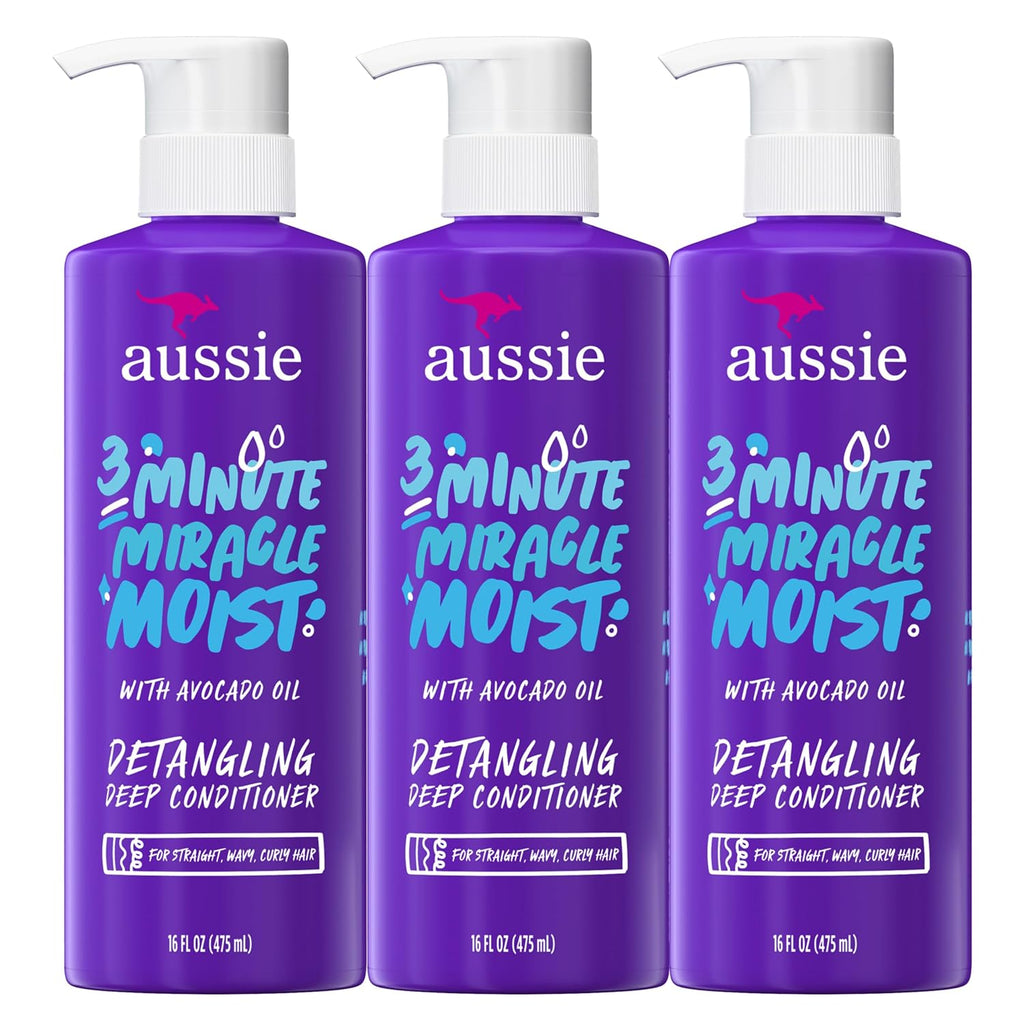 Aussie 3 Minute Miracle Moist Deep Conditioner For Dry Hair, Avocado & Jojoba Oil, Safe For Color Treated Hair, Nourishing Hydration, Silky Shine, Paraben-Free, 16 Fl Oz Each, Triple Pack