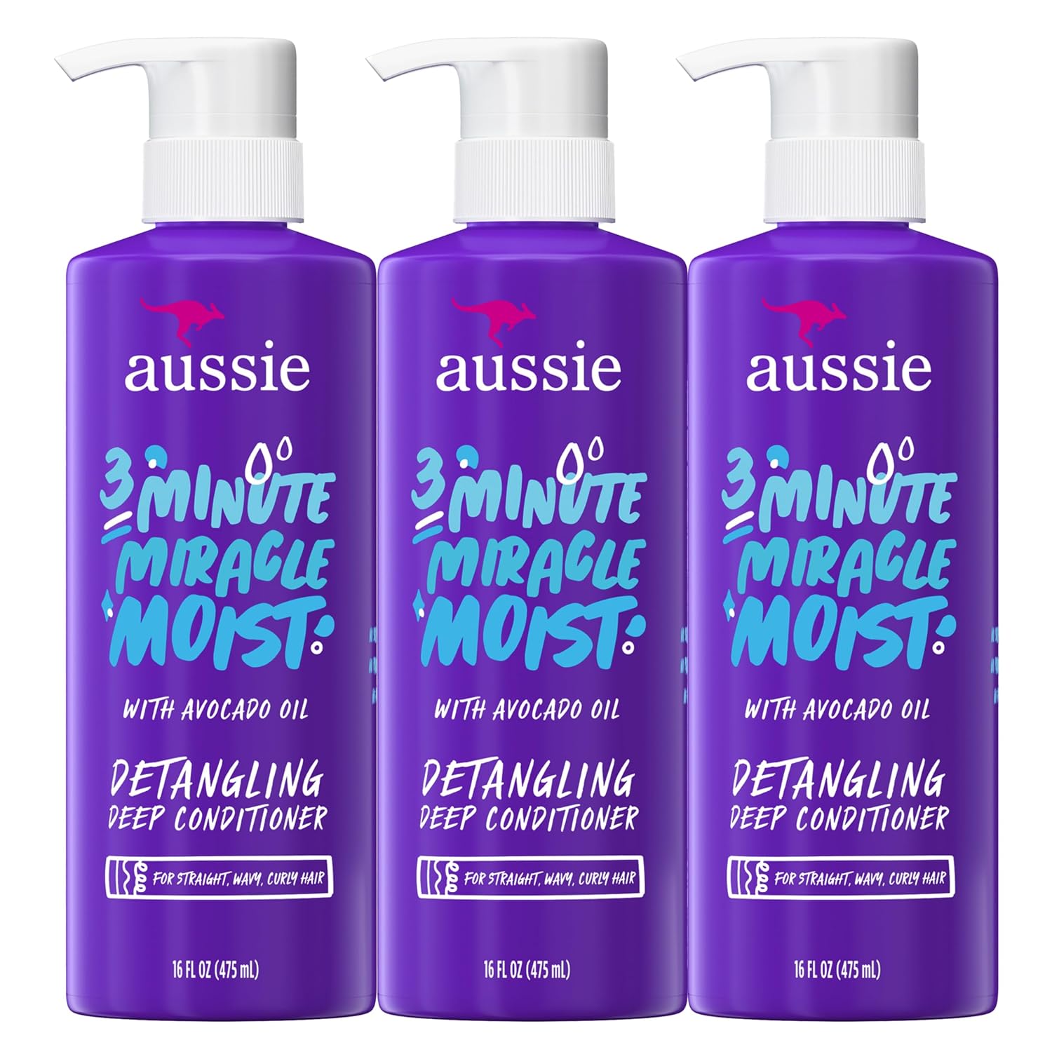Aussie 3 Minute Miracle Moist Deep Conditioner For Dry Hair, Avocado & Jojoba Oil, Safe For Color Treated Hair, Nourishing Hydration, Silky Shine, Paraben-Free, 16 Fl Oz Each, Triple Pack