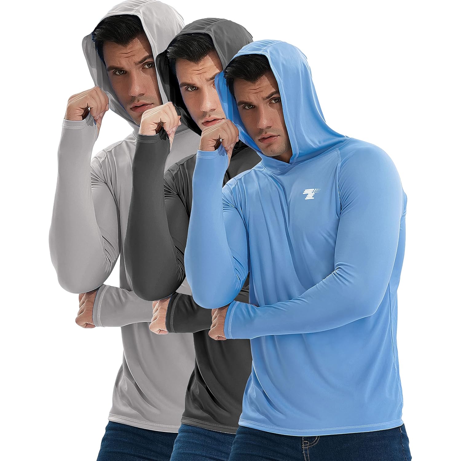 Telaleo 3 Pack Men'S Upf 50+ Sun Protection Lightweight Hoodie Performance Long Sleeve Spf Uv Shirt For Fishing Running