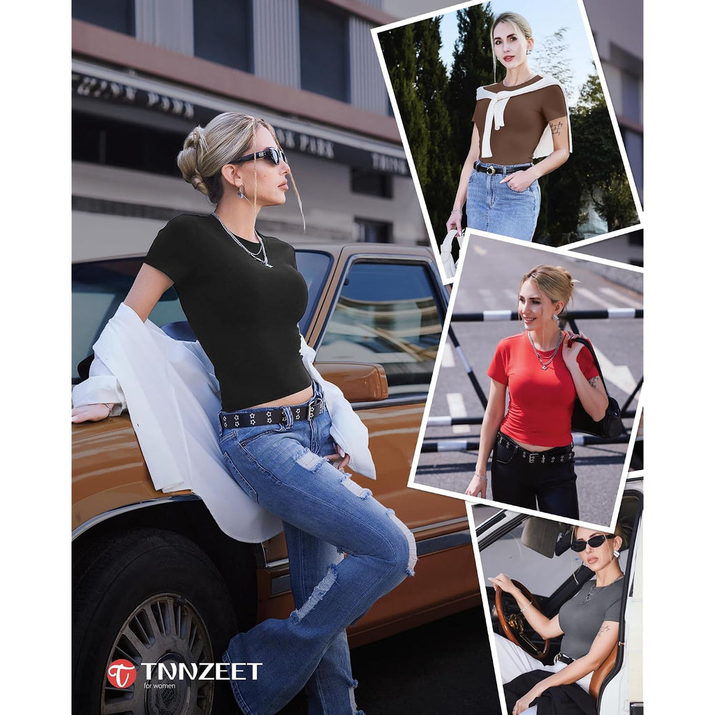 Tnnzeet Basic Tees For Women - Slim Fit Short Sleeve T Shirts Crew Neck Casual Cute Y2K Clothes Trendy Crop Tops Outfits 2026