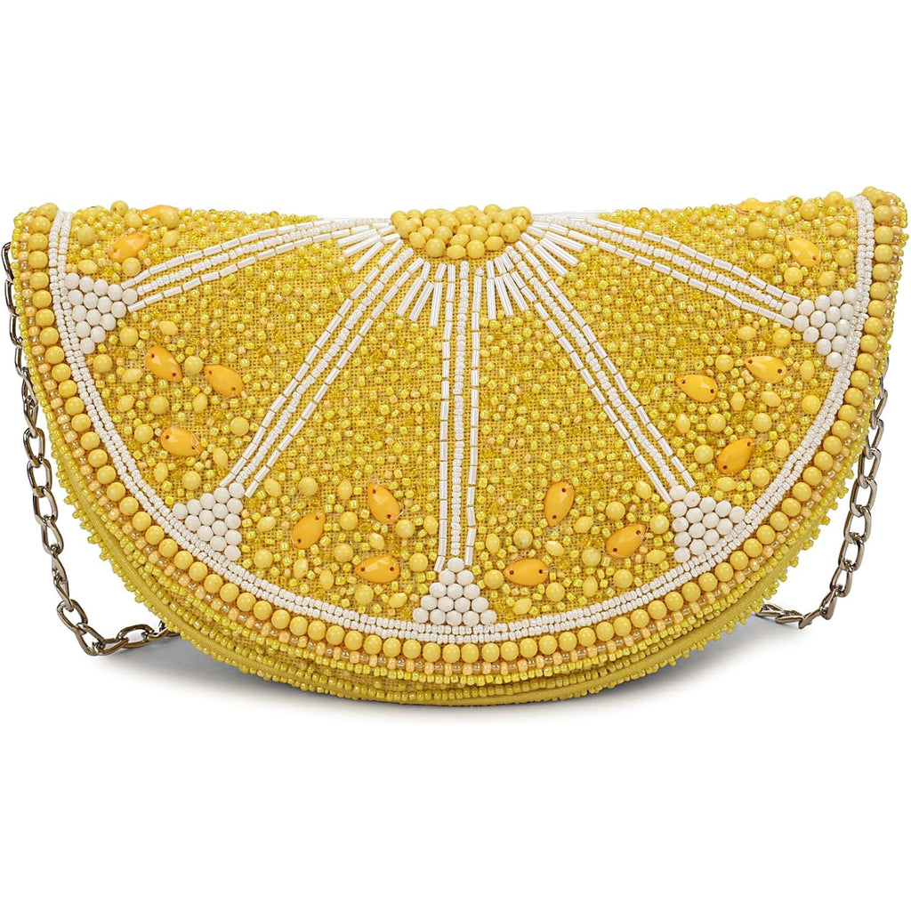 Longing To Buy Beaded Lemon Slice Clutch Purse, Yellow Evening Bag With Chain Strap, Novelty Fruit Design