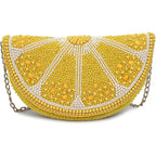 Longing To Buy Beaded Lemon Slice Clutch Purse, Yellow Evening Bag With Chain Strap, Novelty Fruit Design