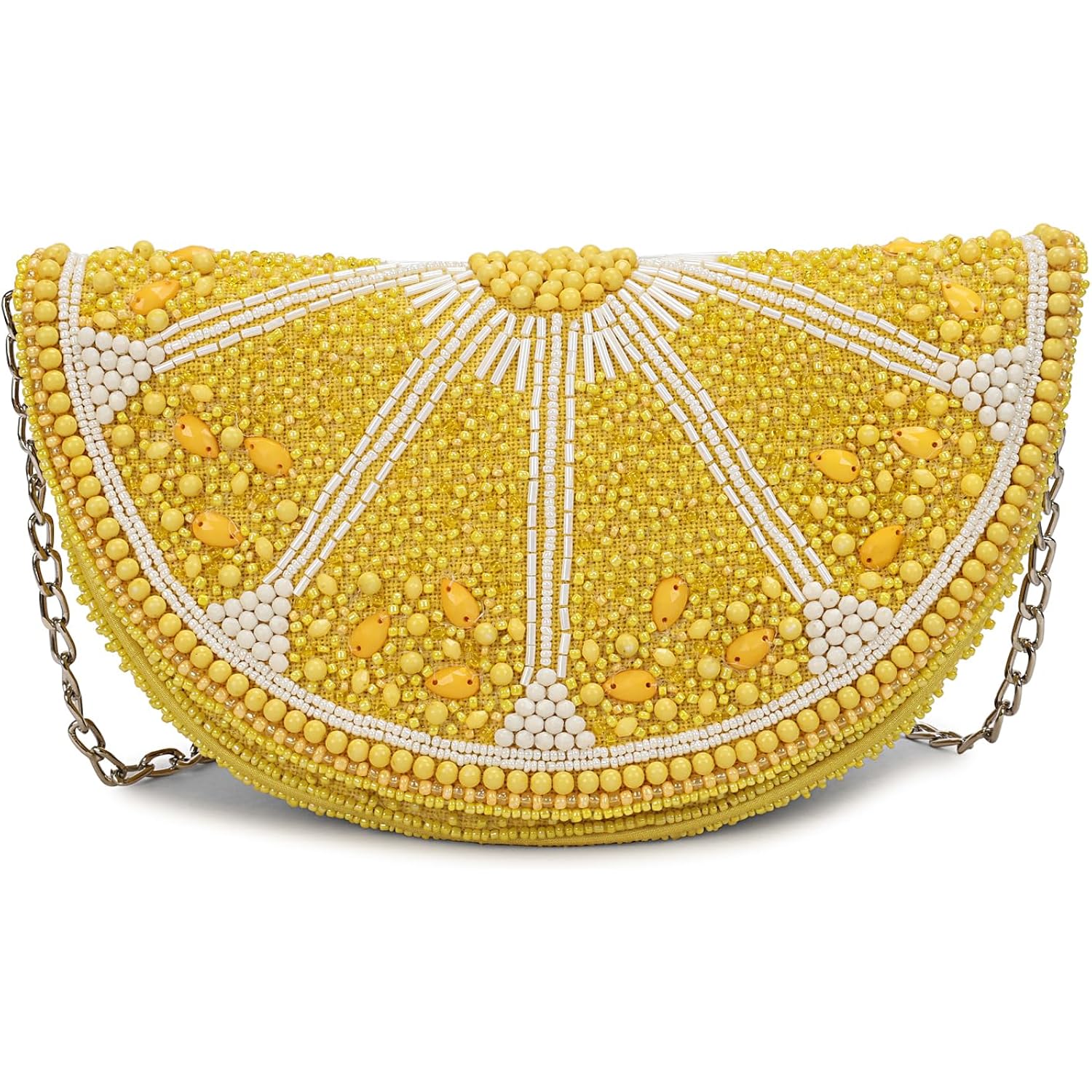 Longing To Buy Beaded Lemon Slice Clutch Purse, Yellow Evening Bag With Chain Strap, Novelty Fruit Design