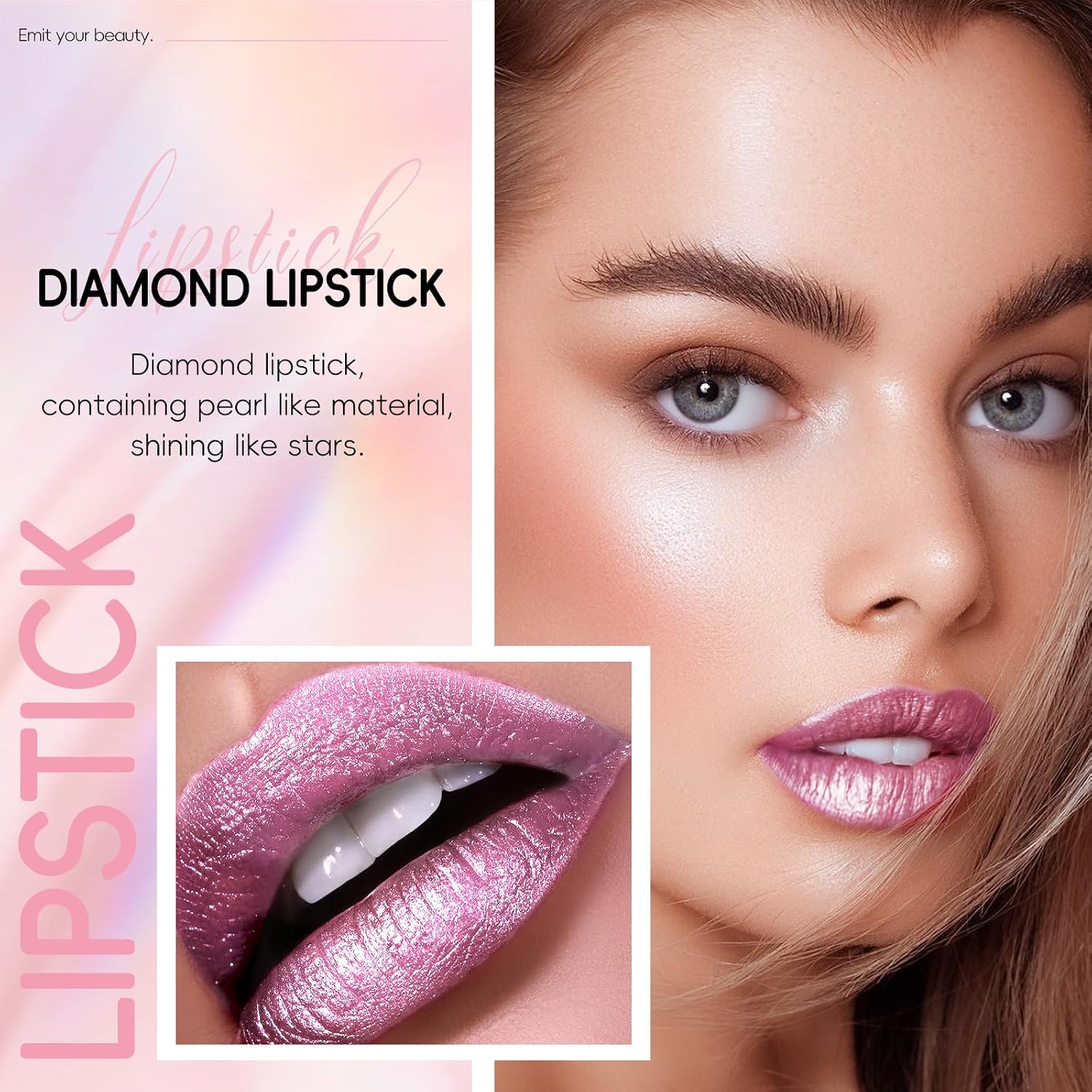 Hosaily Metallic Pink Frost Glitter Lipstick For Women, Long Lasting High Shine Diamond Creamy Nude Light Pink Lipstick Transfer Proof,Shimmer High Impact Full Coverage Non Stick Cup Lip Makeup#1