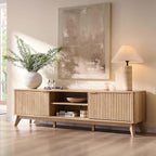 Okd 70" Mid Century Modern Fluted Tv Stand W/ 2 Soft Close Door,Natural Oak | Entertainment Center, Sideboard, Media Console For Living Room With Adjustable Shelves