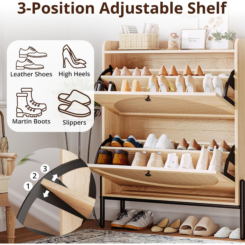 Ironck Shoe Cabinet Storage With 2 Flip Drawers, Free Standing Wooden Shoe Storage Organizer Cabinet With Rattan Doors For Entryway, Narrow Shoe Rack Cabinet, Oak