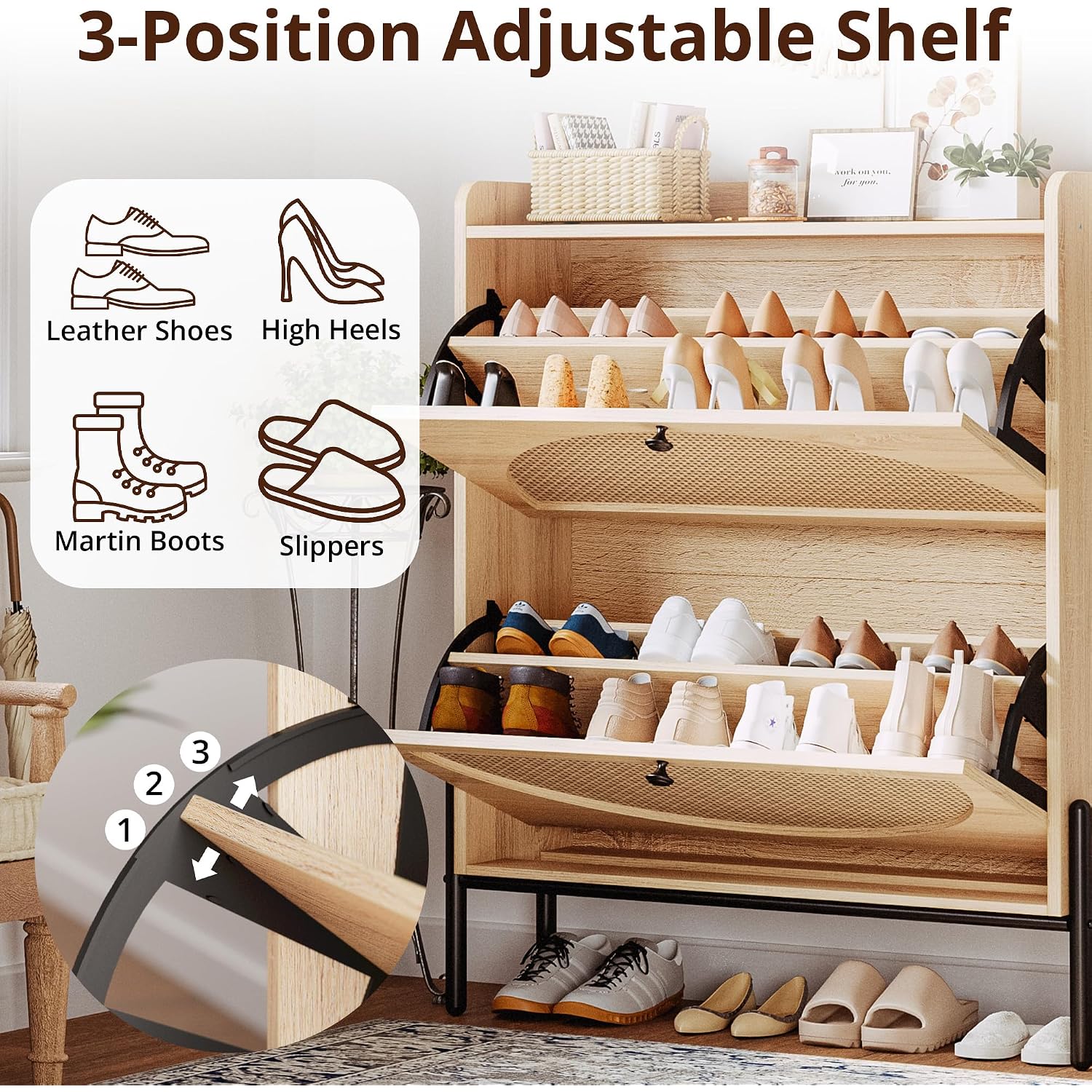 Ironck Shoe Cabinet Storage With 2 Flip Drawers, Free Standing Wooden Shoe Storage Organizer Cabinet With Rattan Doors For Entryway, Narrow Shoe Rack Cabinet, Oak