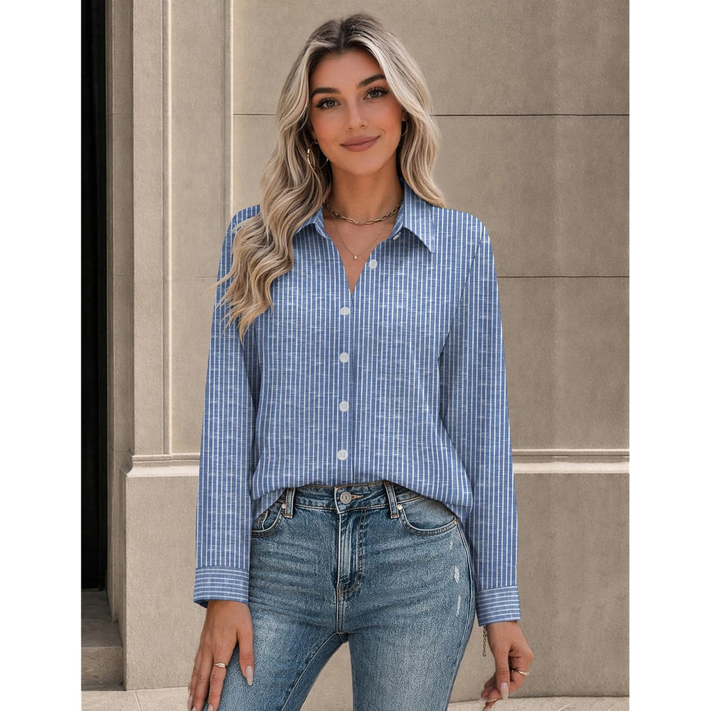 Zeagoo Button Down Shirts For Women Long Sleeve Tops Striped Solid Blouses | Collared V Neck Shirts Button Up Shirt Dressy Casual Blouses Cute Summer Fall Fashion Clothes Office Work Tops Spring Outfits