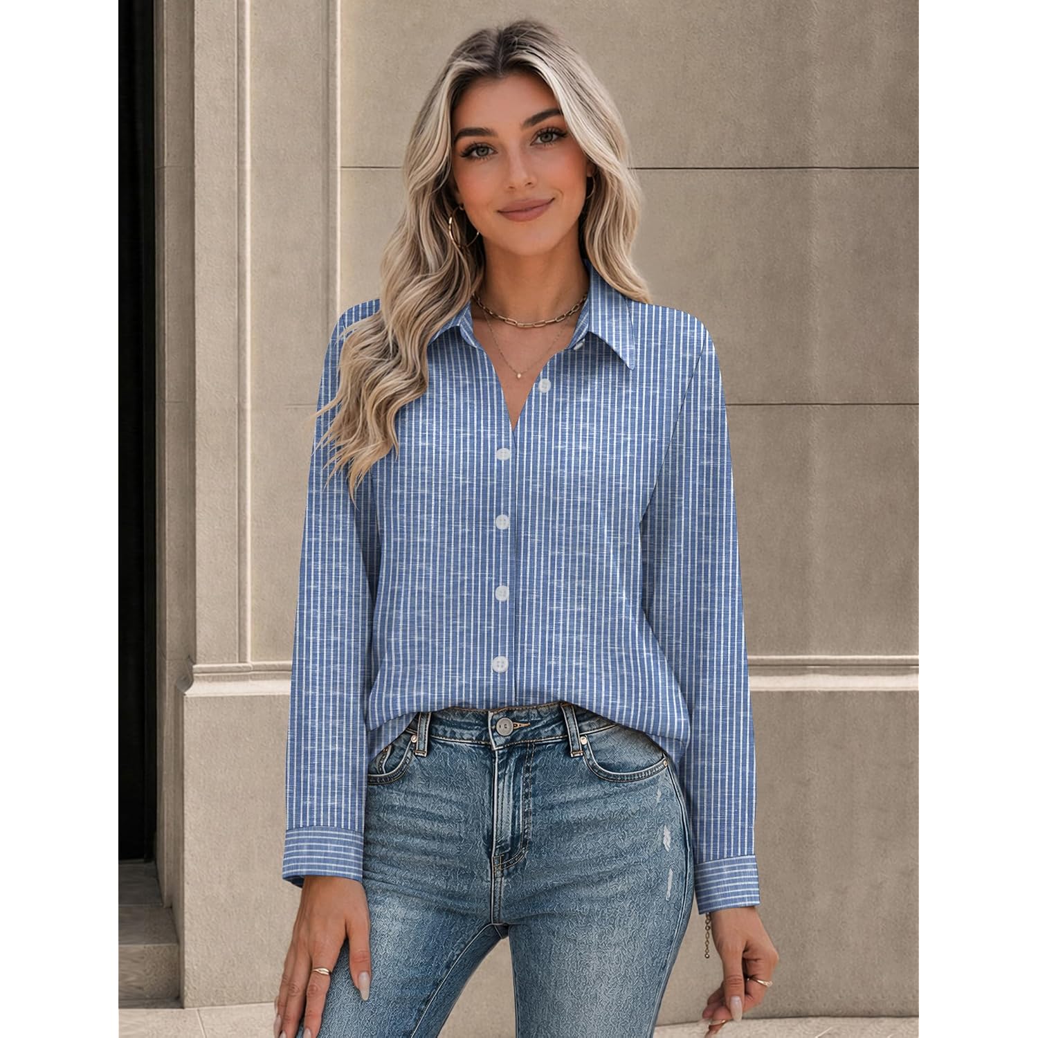 Zeagoo Button Down Shirts For Women Long Sleeve Tops Striped Solid Blouses | Collared V Neck Shirts Button Up Shirt Dressy Casual Blouses Cute Summer Fall Fashion Clothes Office Work Tops Spring Outfits