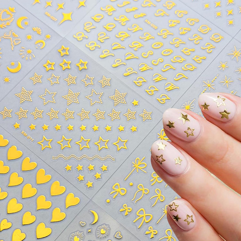 30 Sheets Gold Nail Sticker Star Moon Heart Nail Art Stickers Cute Knot Bow Design 3D Self-Adhesive Nail Decals for Women Girls DIY Nail Art Decoration Accessories