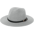 Straw Sun Hats for Women Men Panama Fedora Summer Hat with Leather Belt Wide Brim Beach Sun Jazz Cap 1#gray