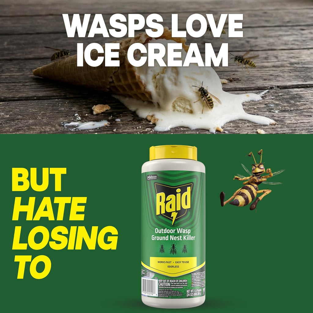 Raid Outdoor Wasp Ground Nest Killer, Dust Insecticide For Outside Household Use, Wasp Killer, Fast-Working And Odorless, 24 Oz