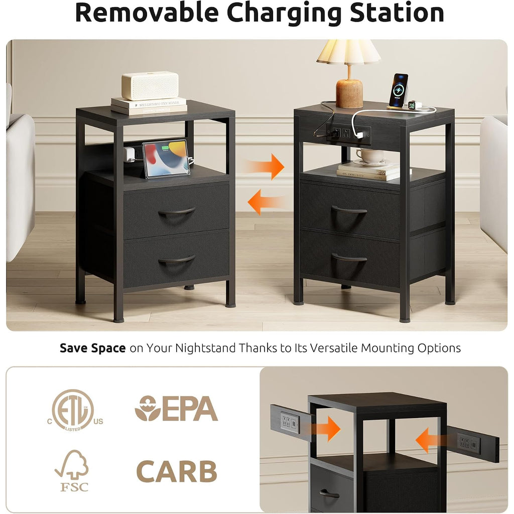 Night Stand With Charger Station For Bedroom, Black Nightstand | Bedside Table, Open Shelf, 2 Fabric Drawers, Built In Usb-A, Usb-C Port & Ac Outlets, For Dorm, Living Room, Bedroom