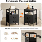 Night Stand With Charger Station For Bedroom, Black Nightstand | Bedside Table, Open Shelf, 2 Fabric Drawers, Built In Usb-A, Usb-C Port & Ac Outlets, For Dorm, Living Room, Bedroom