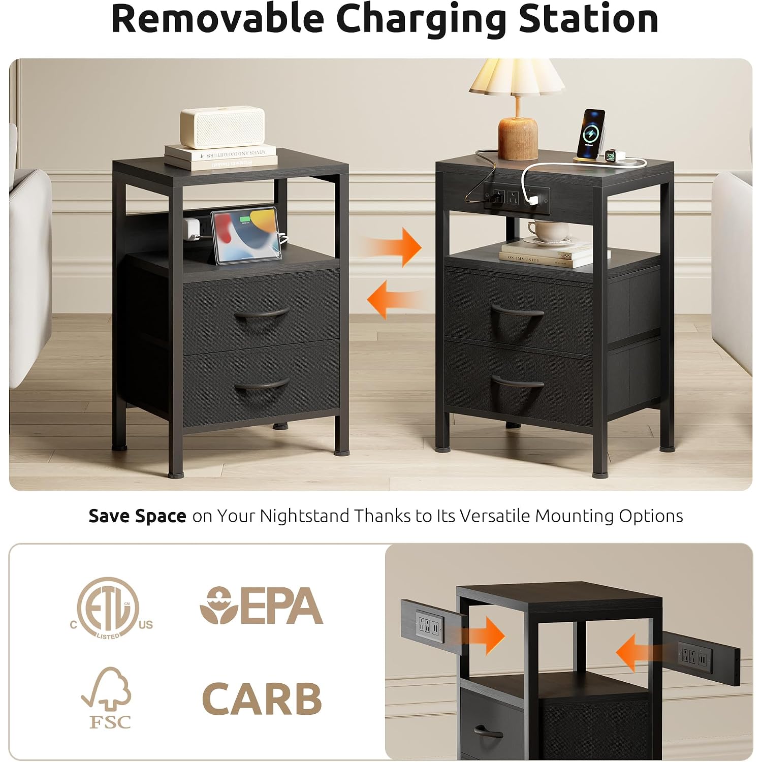 Night Stand With Charger Station For Bedroom, Black Nightstand | Bedside Table, Open Shelf, 2 Fabric Drawers, Built In Usb-A, Usb-C Port & Ac Outlets, For Dorm, Living Room, Bedroom