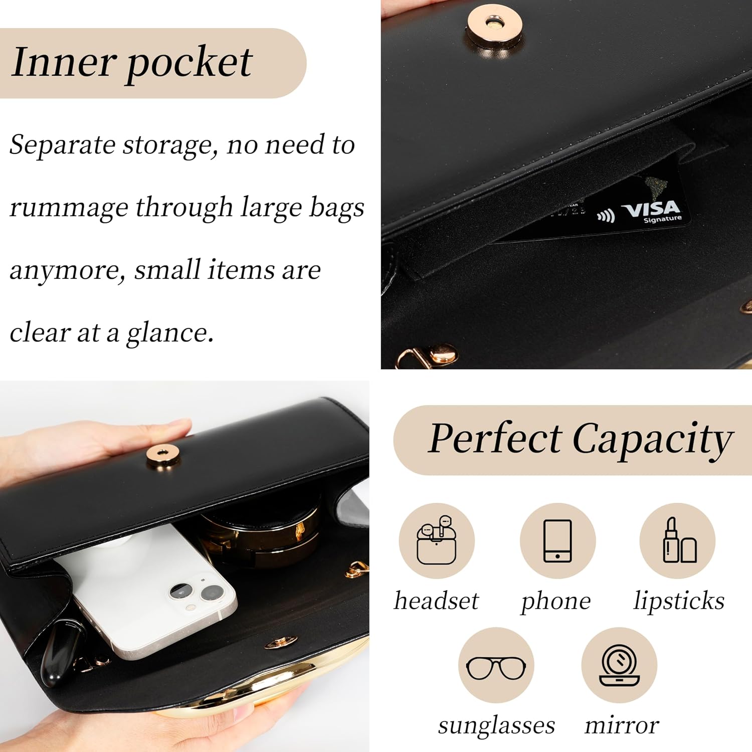 Clutch Purses For Women - Evening Bag With Chain Elegant Dressy Formal Handbag Metal Handle Purse