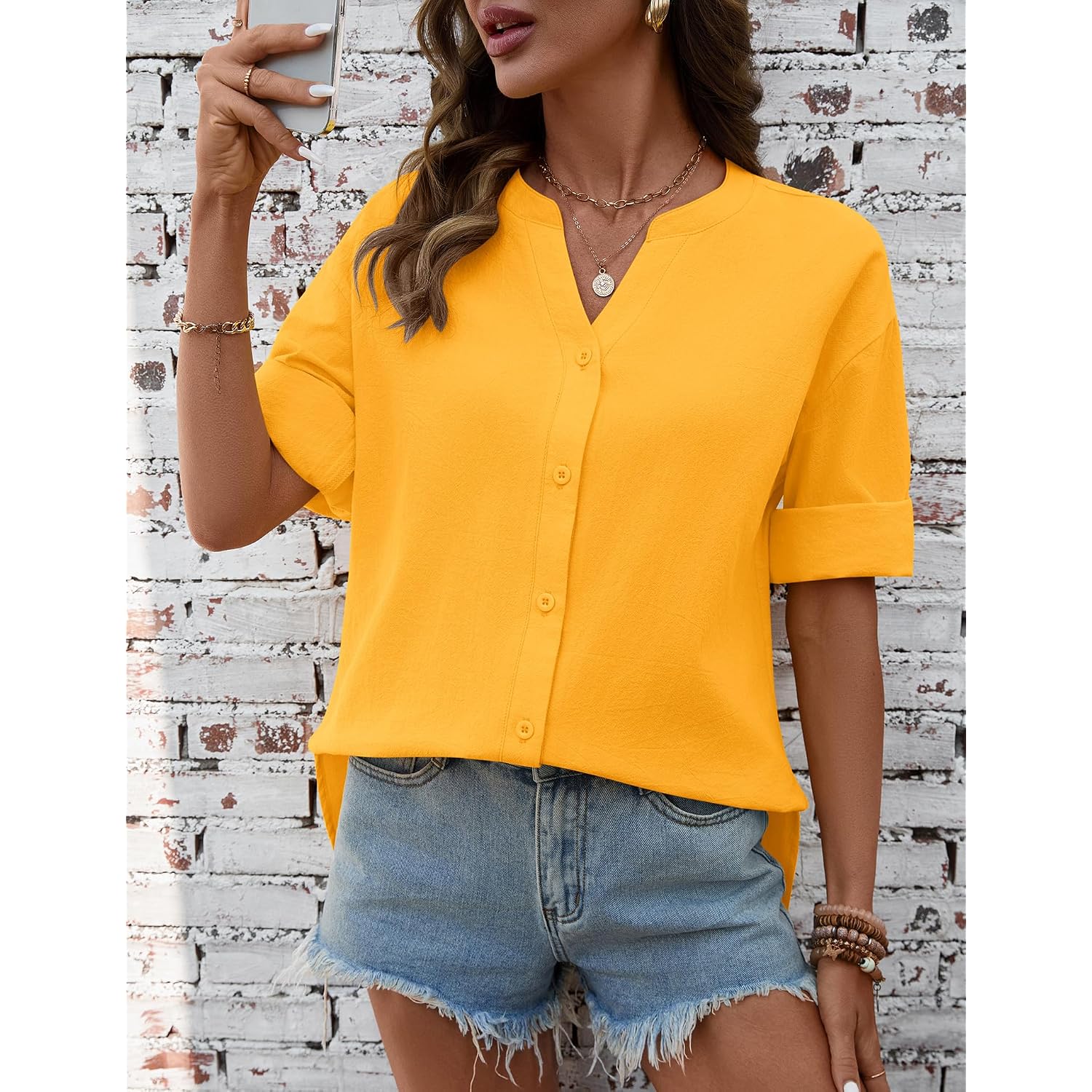 Lomon 3/4 Length Sleeve Womens Tops V Neck 3/4 Sleeve Sides Slit Button Down Shirts Cotton Linen Casual Loose Blouses