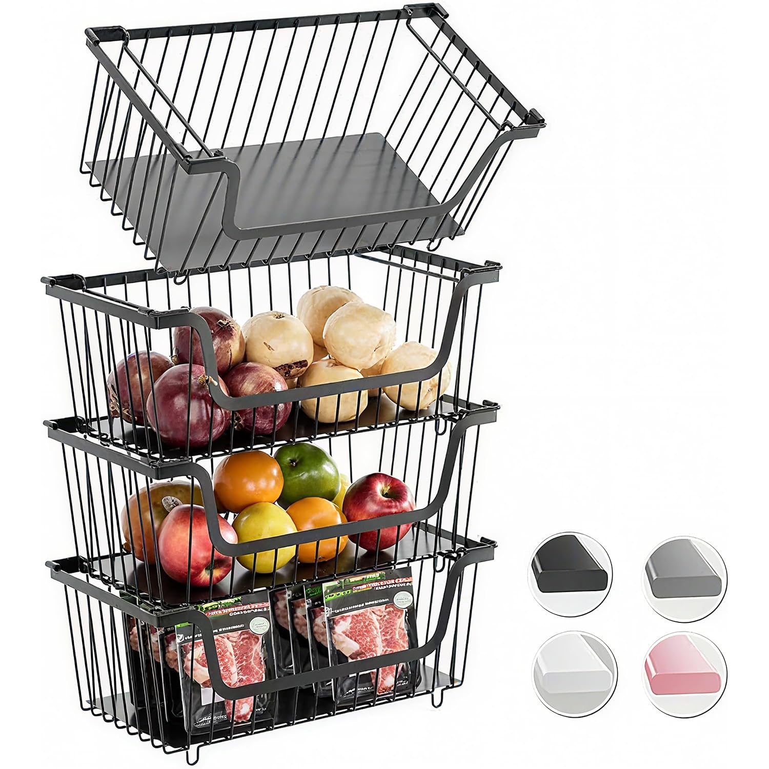 4 Pcs Stackable Wire Baskets For Pantry Organizers And Storage,Vegetable Fruit Basket For Countertop,Kitchen Storage Metal Baskets,Produce Potato Onion Storage Bin-Black