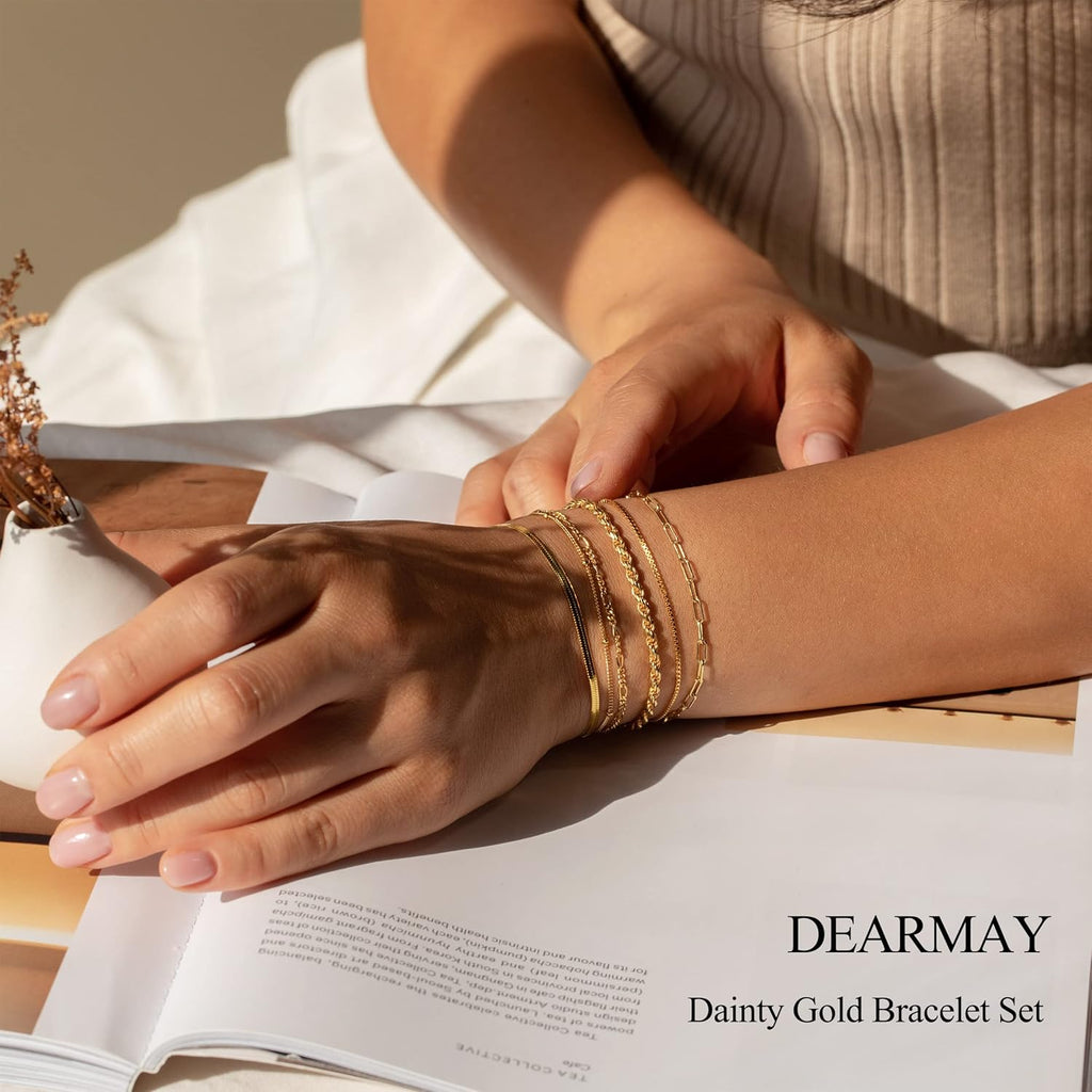 Mothers Day Gifts for Mom Gold Bracelets for Women Waterproof, 14K Gold Plated Jewelry Sets Trendy Thin Dainty Stackable Cuban Link Paperclip Chain Bracelet Pack Fashion Accessories Gifts for Womens