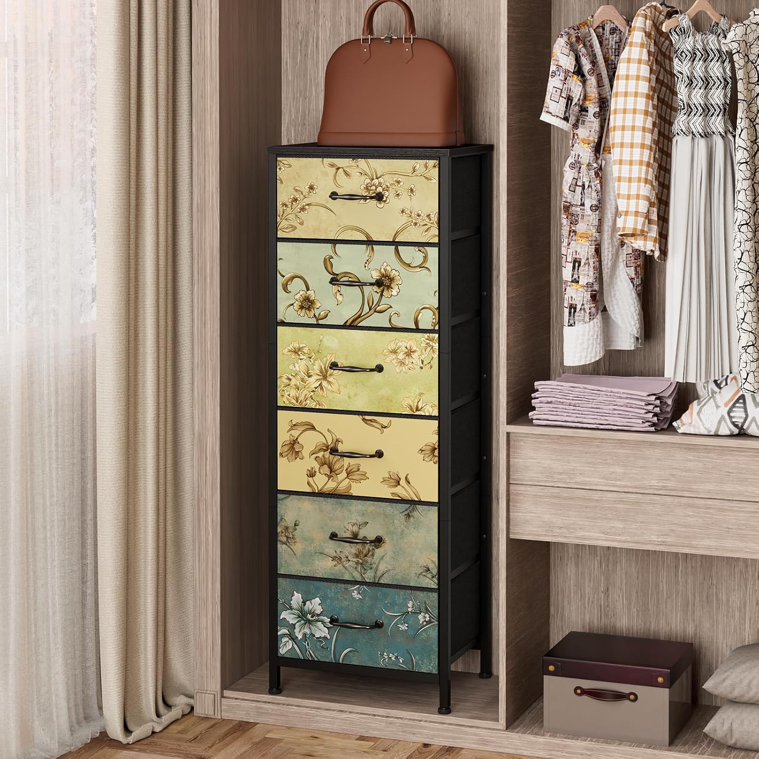 Tall 6 Drawers Dresser, Vintage Storage Organizer Unit With Fabric Bins For Bedroom, Living Room, Closet, Nusery, Dorm, Entryway, Bedside Furniture, Sturdy Metal Frame, Wood Top