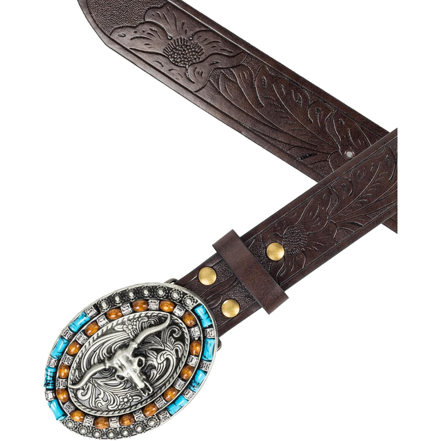 Western-Cowboy-Leather-Belts for Women Turquoise-Oval-Buckle Embossed Cowgirl Belt for Jeans Pants Fit for 27"-41"