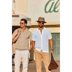 Coofandy Mens Knit Button Down Shirts Short Sleeve Polo Shirt Vintage Striped Casual Shirts