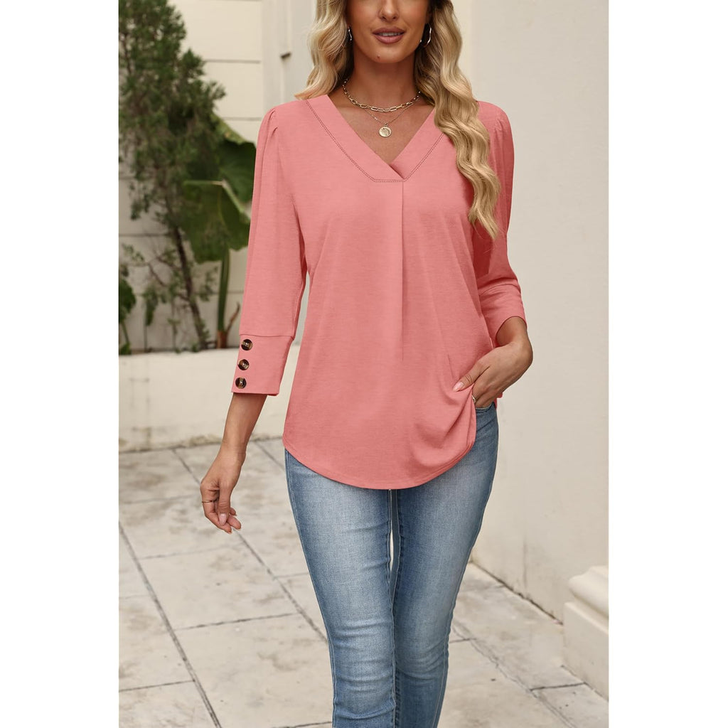 Womens 3/4 Sleeve Tops with Buttons V Neck Summer Outfits Dressy Casual Blouses for Women Fashion Clothes