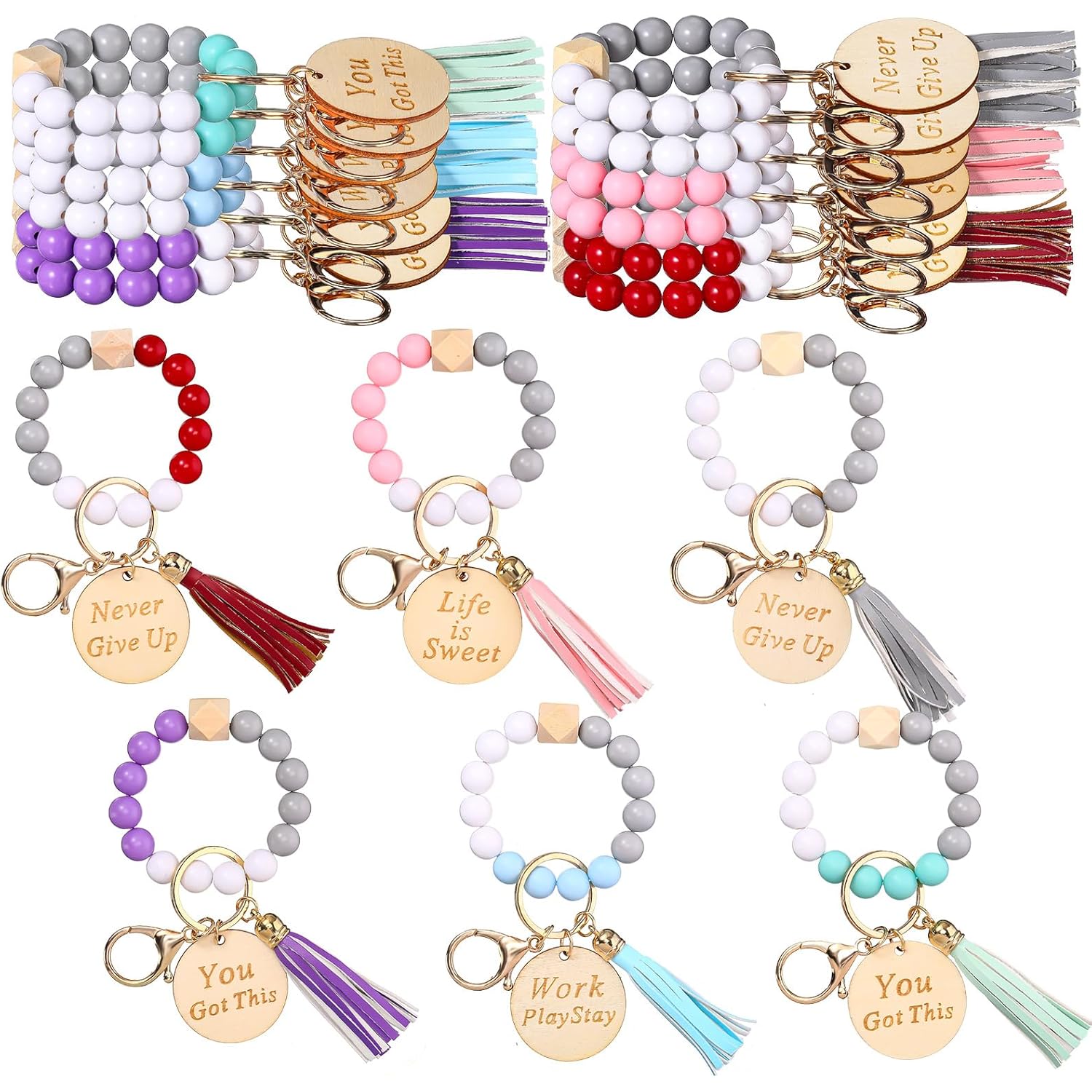 Faccito 12 Pcs Inspirational Keychain Bracelet with Tassel Beaded Motivational Quote Wristlet Keyring for Nurse Grad Gift(Aesthetic Color)