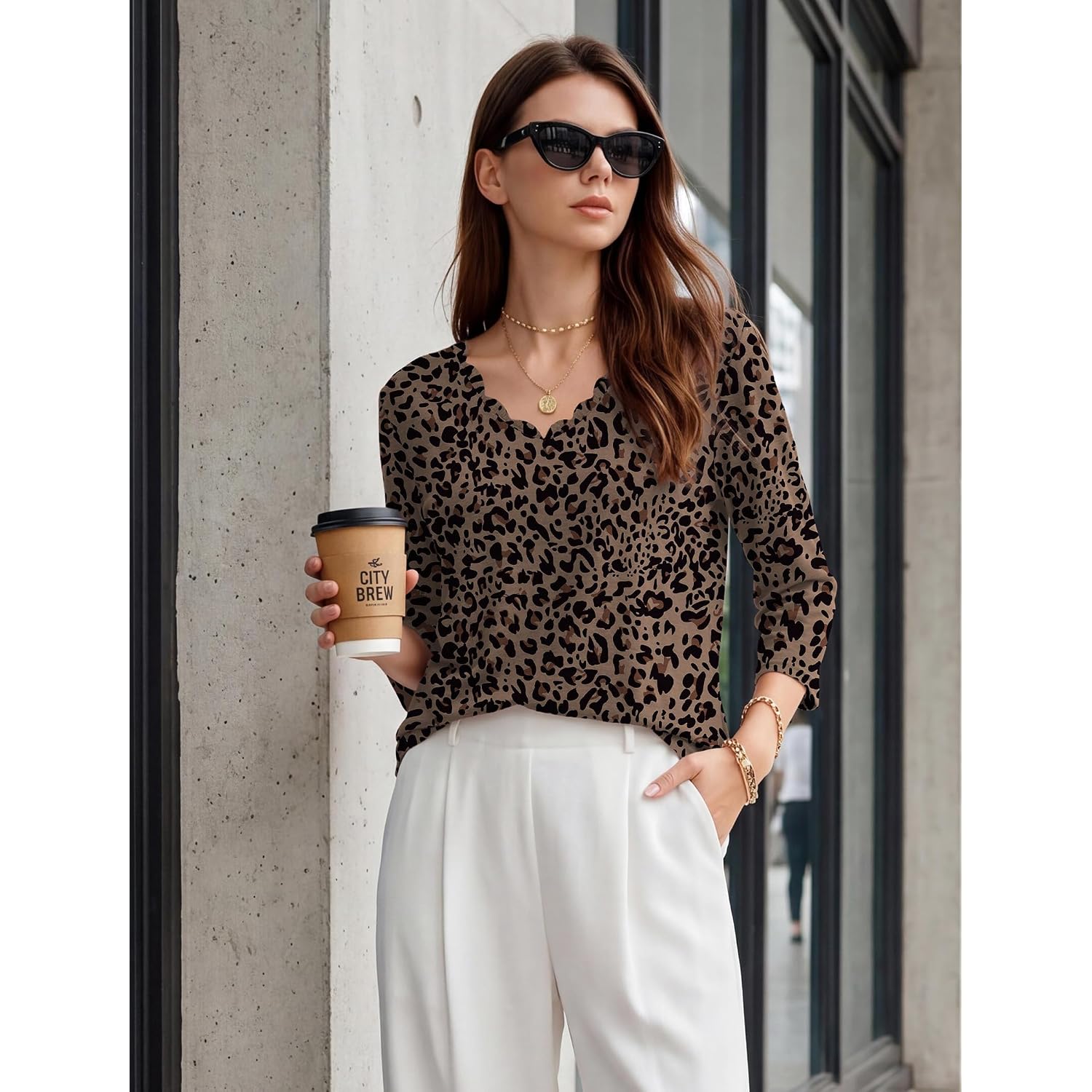 WIHOLL 3/4 Length Sleeve Womens Tops Dressy Casual Blouses V Neck Shirts Summer Clothes Early Fall Fashion Outfits
