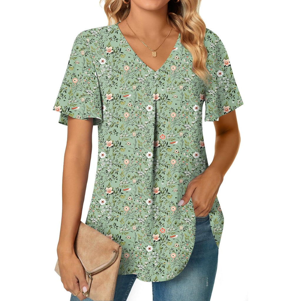 Anyally Women's Summer Dressy Chiffon Blouses V Neck Ruffle Short Sleeve Tunic Tops for Leggings Casual T-Shirts