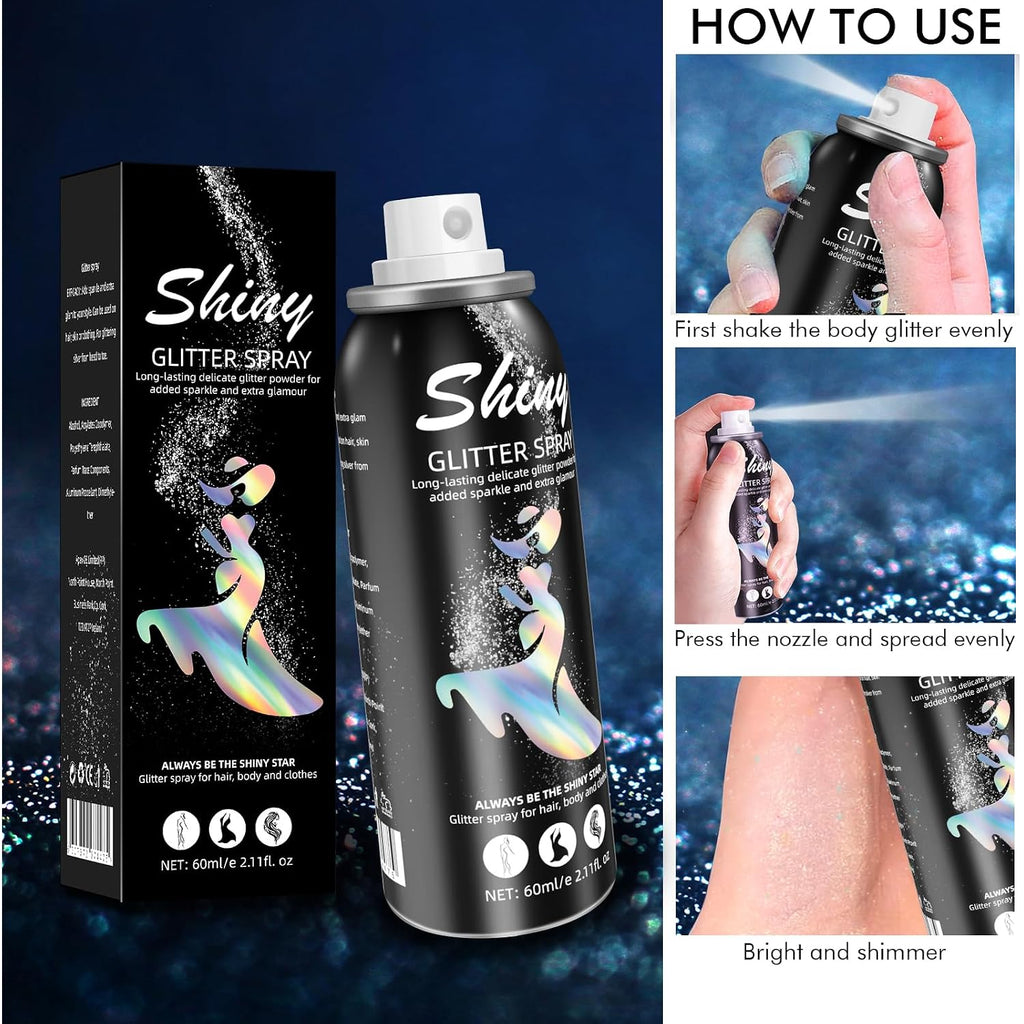 Body Glitter, Body Glitter Spray, Glitter Spray For Hair And Body, Long-Lasting And Quick-Drying Silver Glitter Hairspray Suitable For Stage, Festival Rave And Makeup Prom (2.11 Fl Oz)