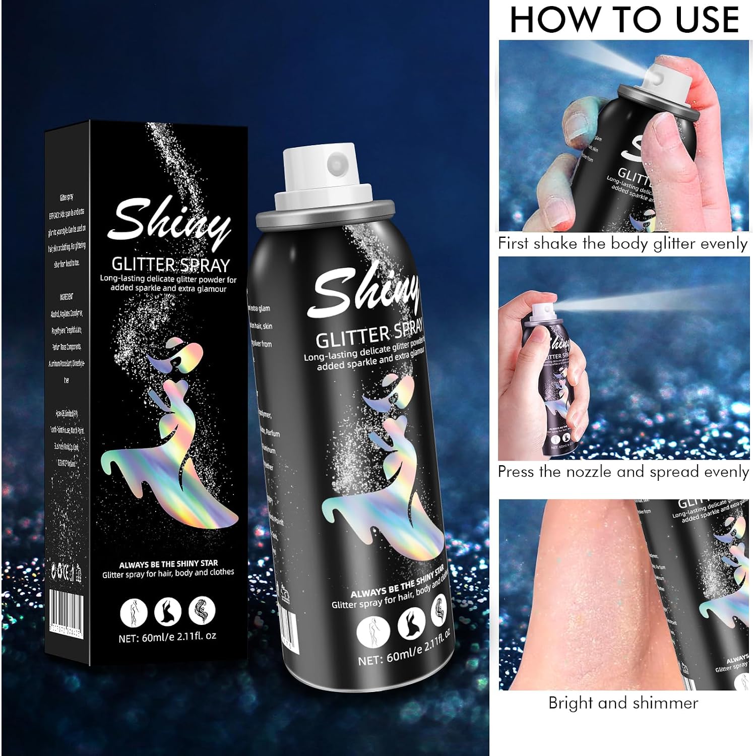 Body Glitter, Body Glitter Spray, Glitter Spray For Hair And Body, Long-Lasting And Quick-Drying Silver Glitter Hairspray Suitable For Stage, Festival Rave And Makeup Prom (2.11 Fl Oz)