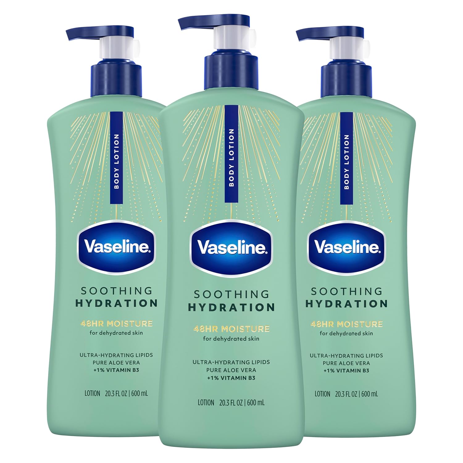 Vaseline Intensive Care Body Lotion for Dry Skin Soothing Hydration Lotion Made with Ultra-Hydrating Lipids + 1% Aloe Vera Extract to Refresh Dehydrated Skin 20.3 oz, Pack of 3 (packaging May Vary)
