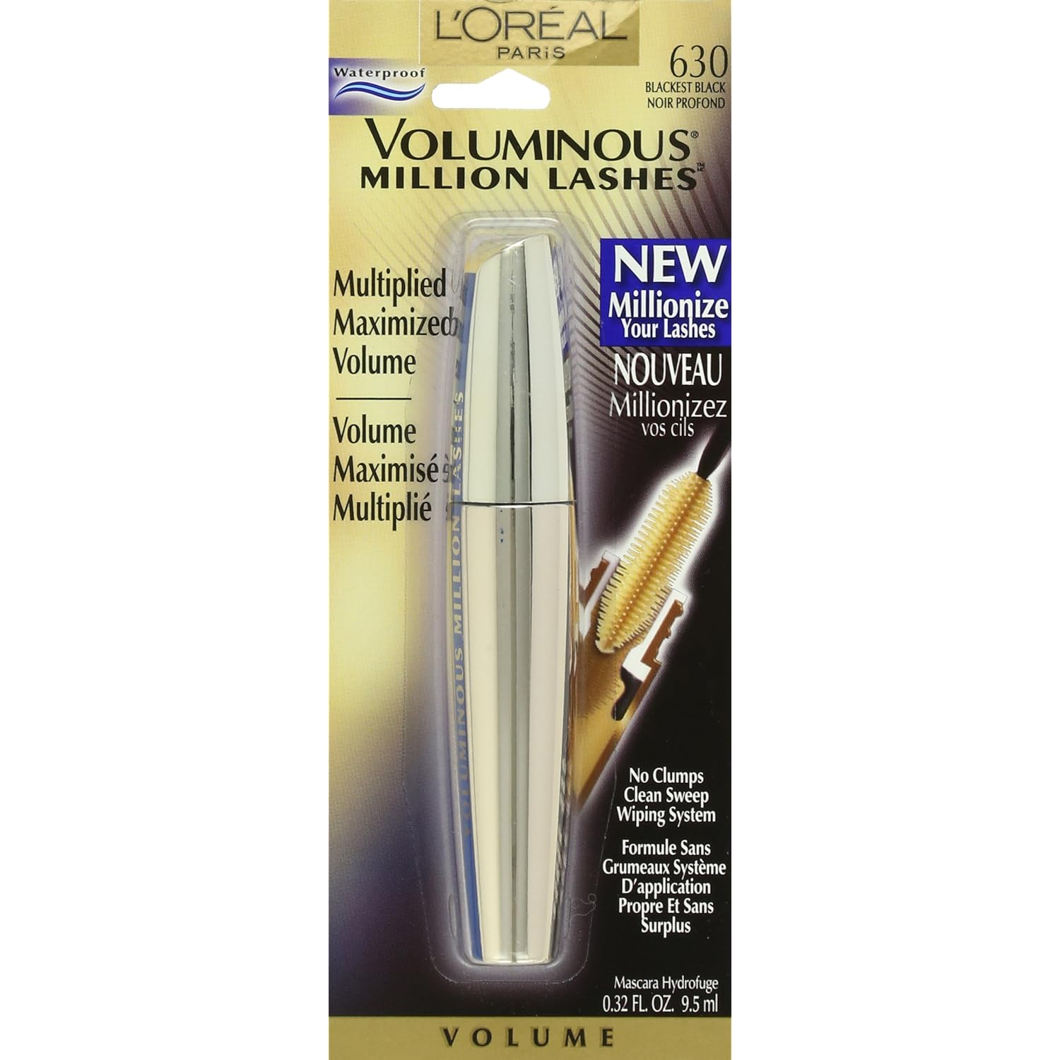 L’Oreal Paris Makeup Voluminous Million Lashes Mascara, Volumizing Collagen Infused Eye Makeup, Amplifying Mascara Brush, Waterproof, Blackest Black, 0.32 Fl Oz., 1 Count