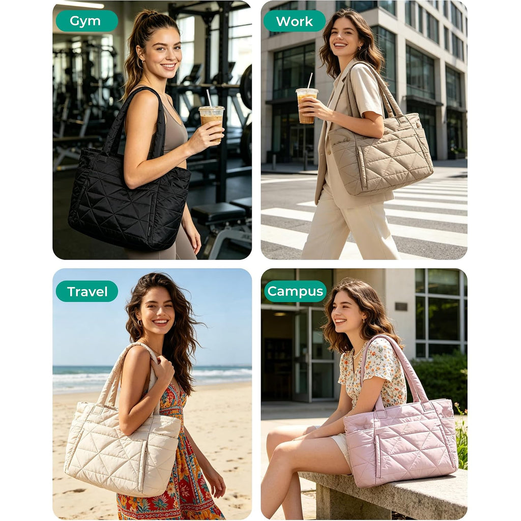 Bagsmart Tote Bag For Women, Puffer Tote Bag With Zipper, Large Quilted Shoulder Bag With Compartments For Travel, Work, Gym