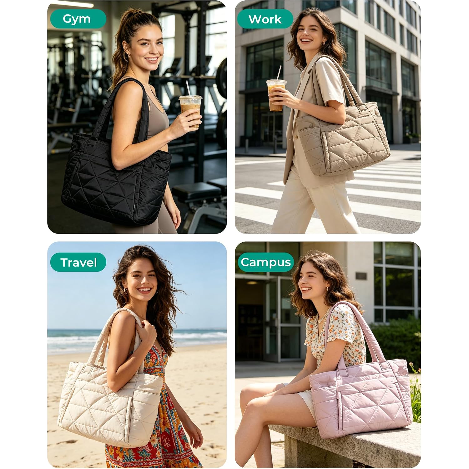 Bagsmart Tote Bag For Women, Puffer Tote Bag With Zipper, Large Quilted Shoulder Bag With Compartments For Travel, Work, Gym