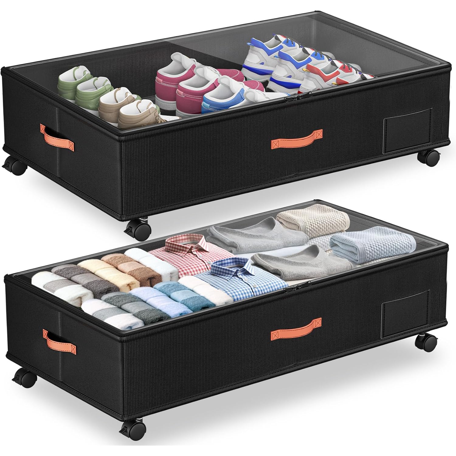 Under Bed Storage With Wheels,2-Pack Under Bed Storage Containers With Clear Lids,Xxl Large Under The Bed Storage Organizer Bins With Handles,Space Saving Design For Clothes,Shoes,Books-Black
