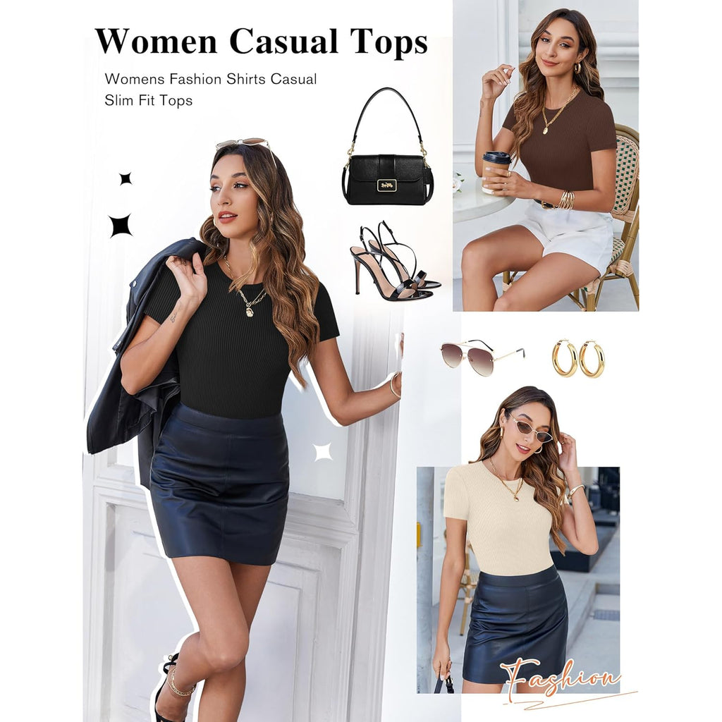 Women Short Sleeve Shirts Lightweight Basic Tops Ribbed Knit Outfit Tees Crew Neck T-Shirts Work Out Blouse