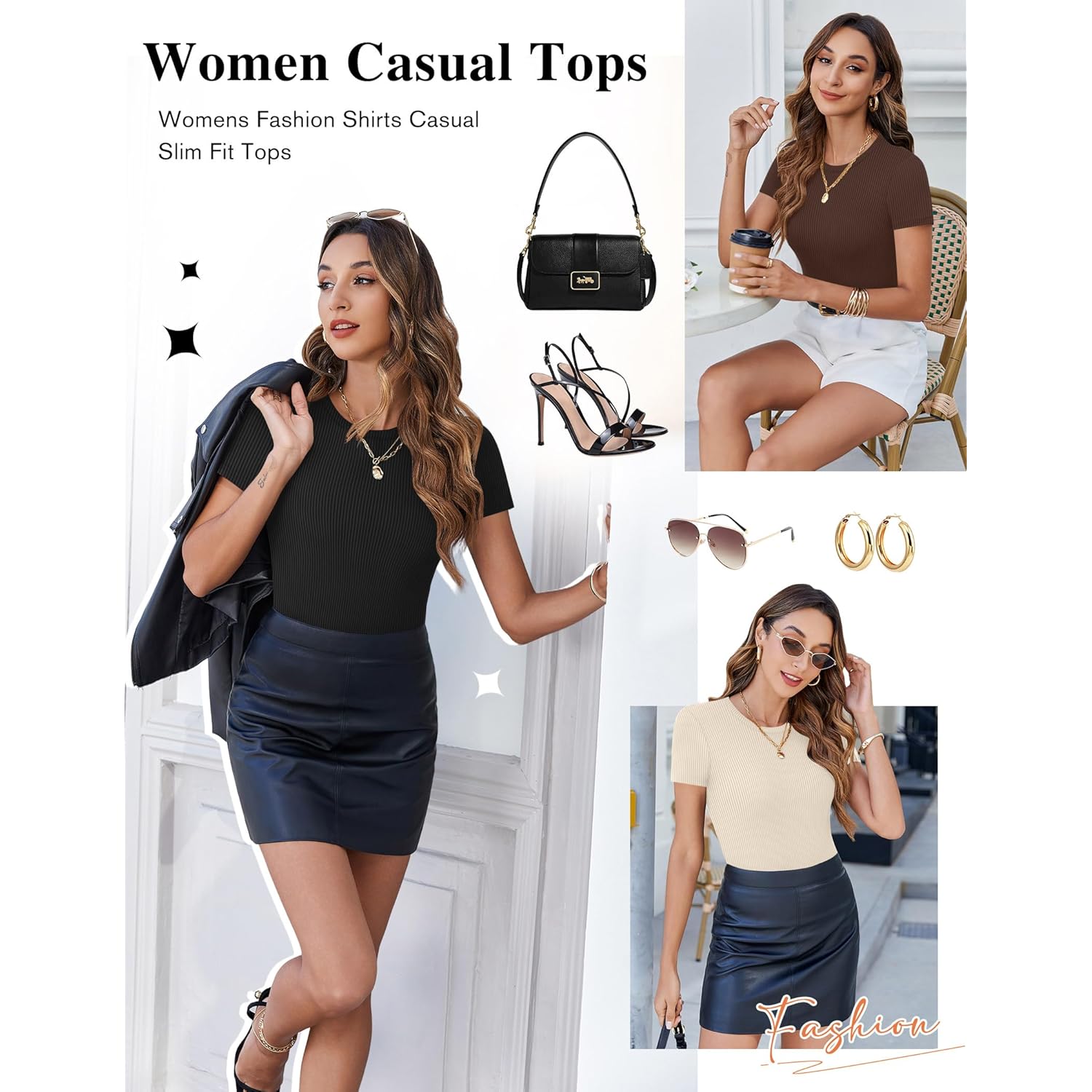 Women Short Sleeve Shirts Lightweight Basic Tops Ribbed Knit Outfit Tees Crew Neck T-Shirts Work Out Blouse