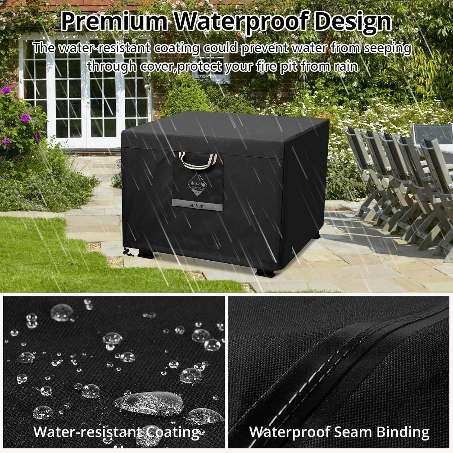 Fire Pit Cover Square Heavy Duty Fabric 100% Waterproof, Fits Outdoor For 29”,30 Inch,31 Inch,32 Inch Fire Pit/Table Cover,Gas Fire Pit Cover (32”L X 32”W X 24”H,Black)