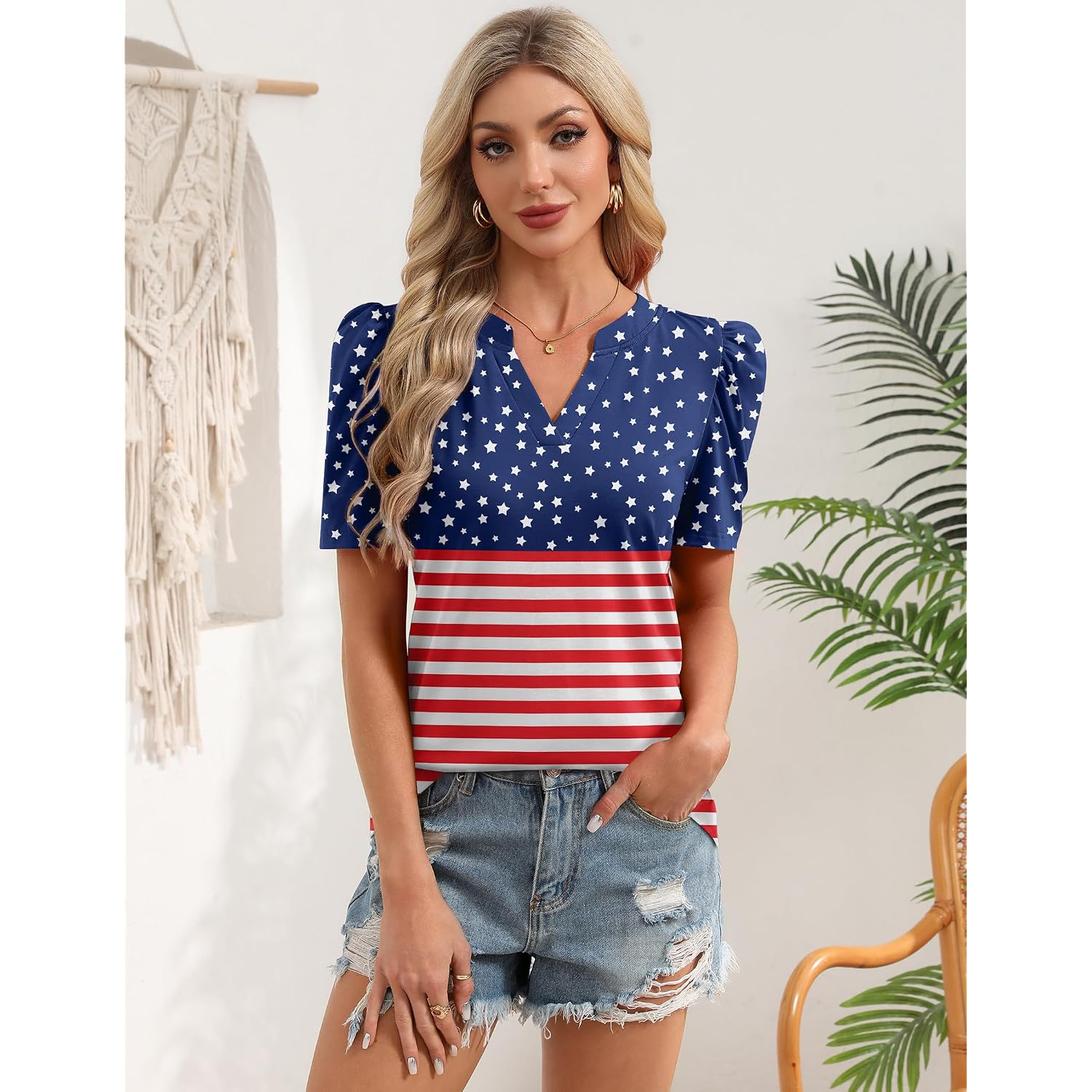 Zeagoo Women Blouses Puff Short Sleeve Tops V Neck Dressy Casual Spring Shirts Boho Floral Cute Clothes 2026