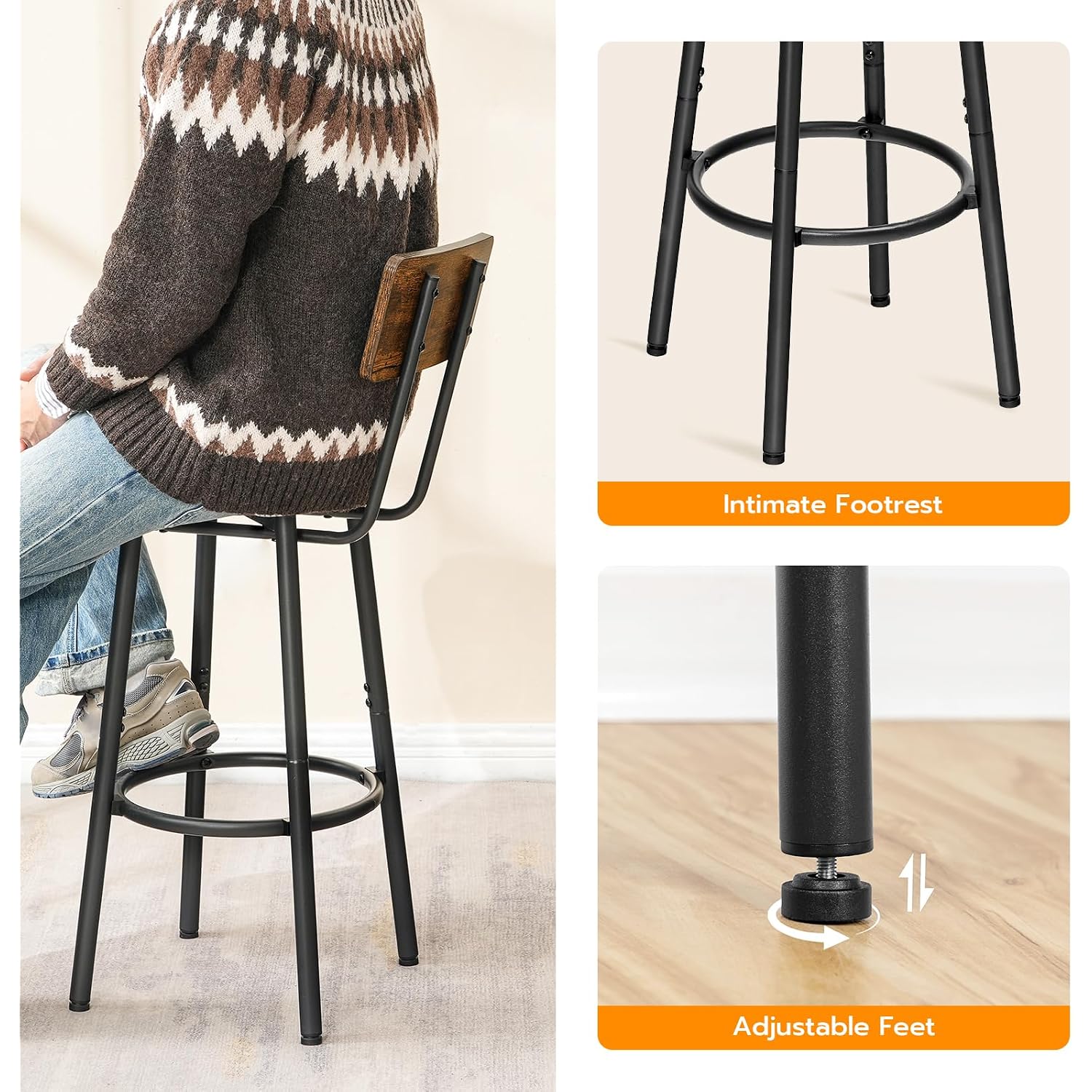 Hoobro 3 Pieces Round Bar Height Table And Chairs Set, Round Dining Table Set, Pub Table And Chairs For Small Space, 2 Tier Kitchen Table And Bar Stools With Back, Rustic Brown Bf35Bt01